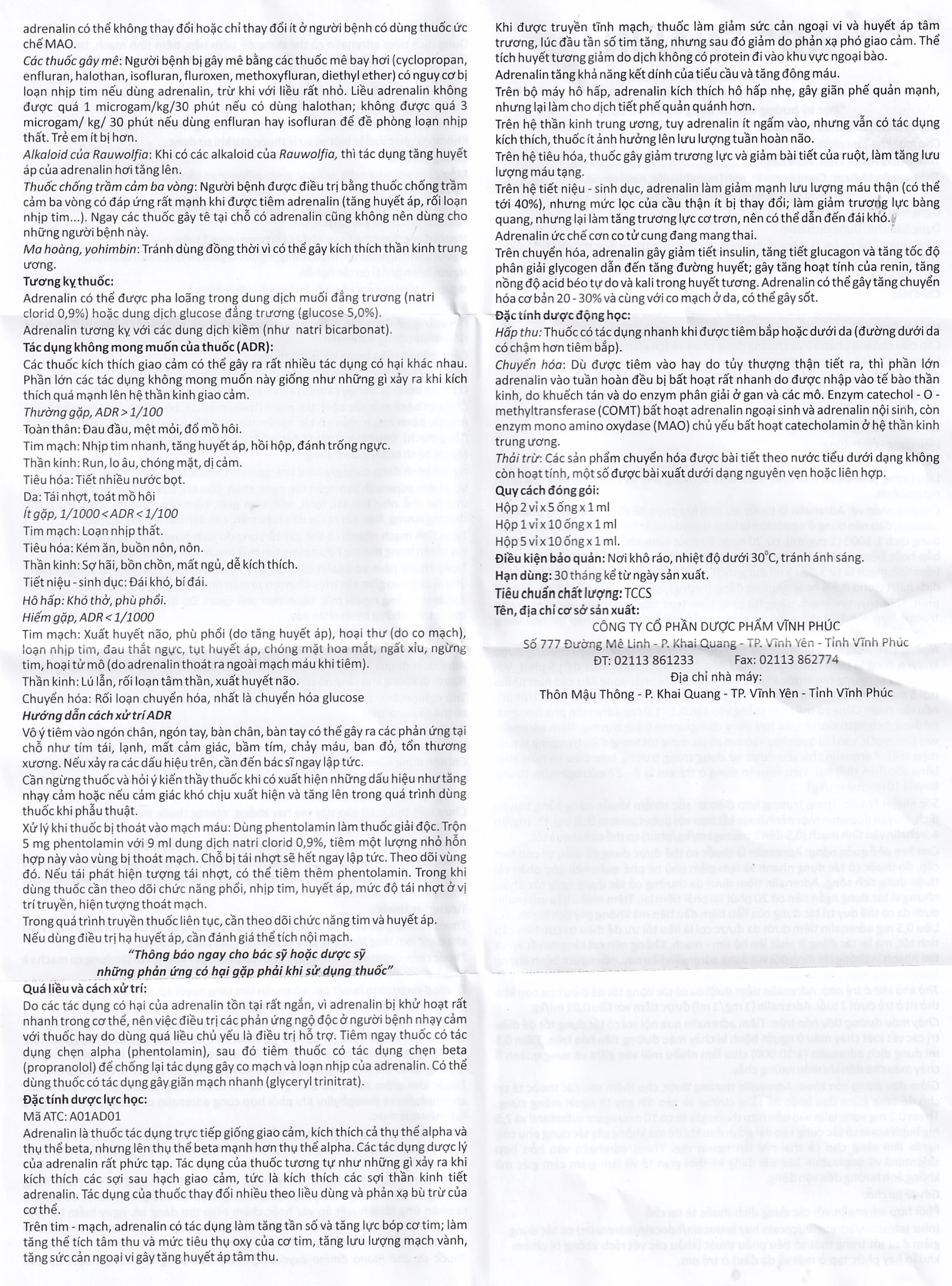Dung dịch tiêm Adrenalin 1mg/1ml hồi sức tim phổi, cấp cứu choáng phản vệ (2 vỉ x 5 ống)