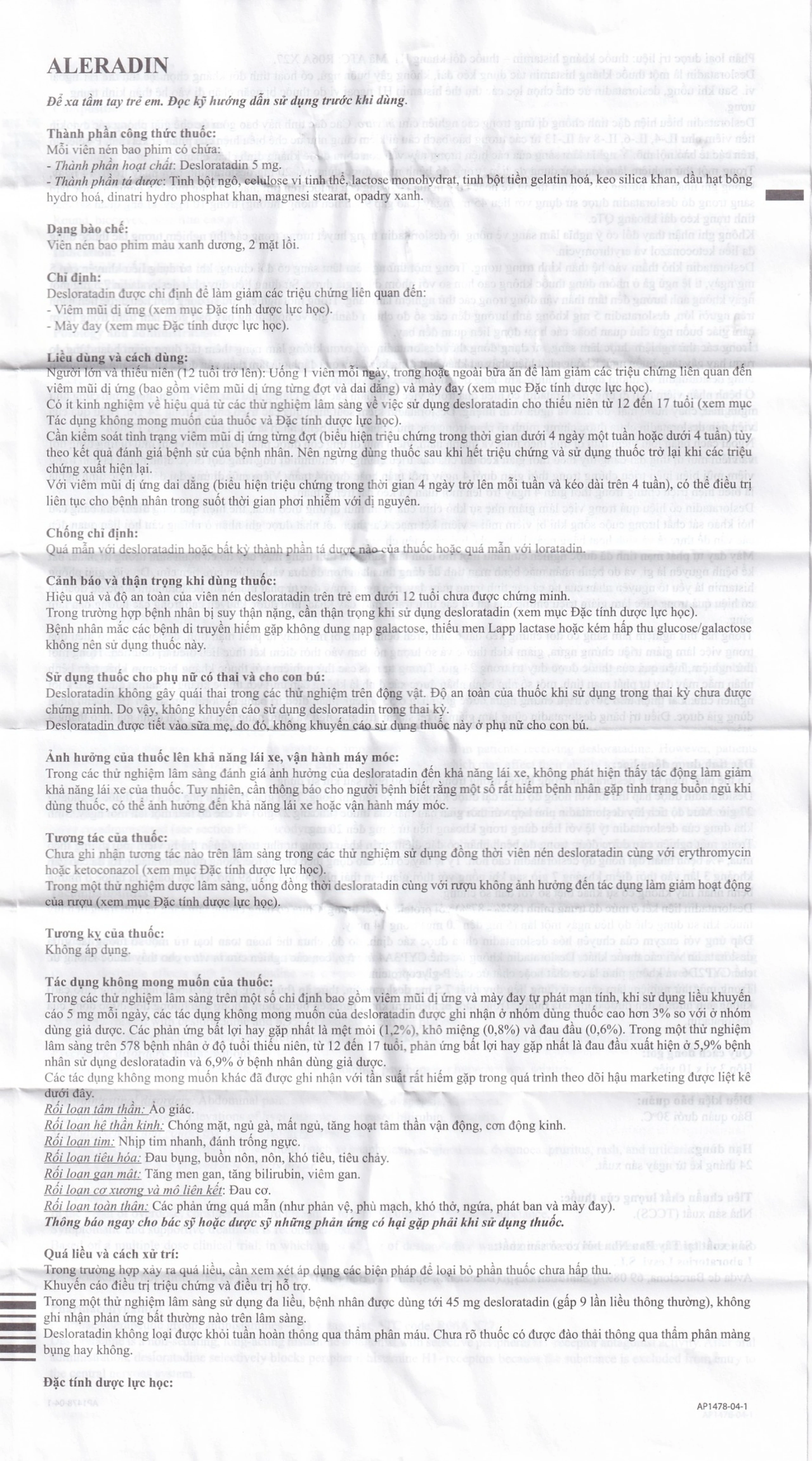 Thuốc Aleradin 5mg giảm các triệu chứng viêm mũi dị ứng theo mùa, mày đay (3 vỉ x 10 viên)