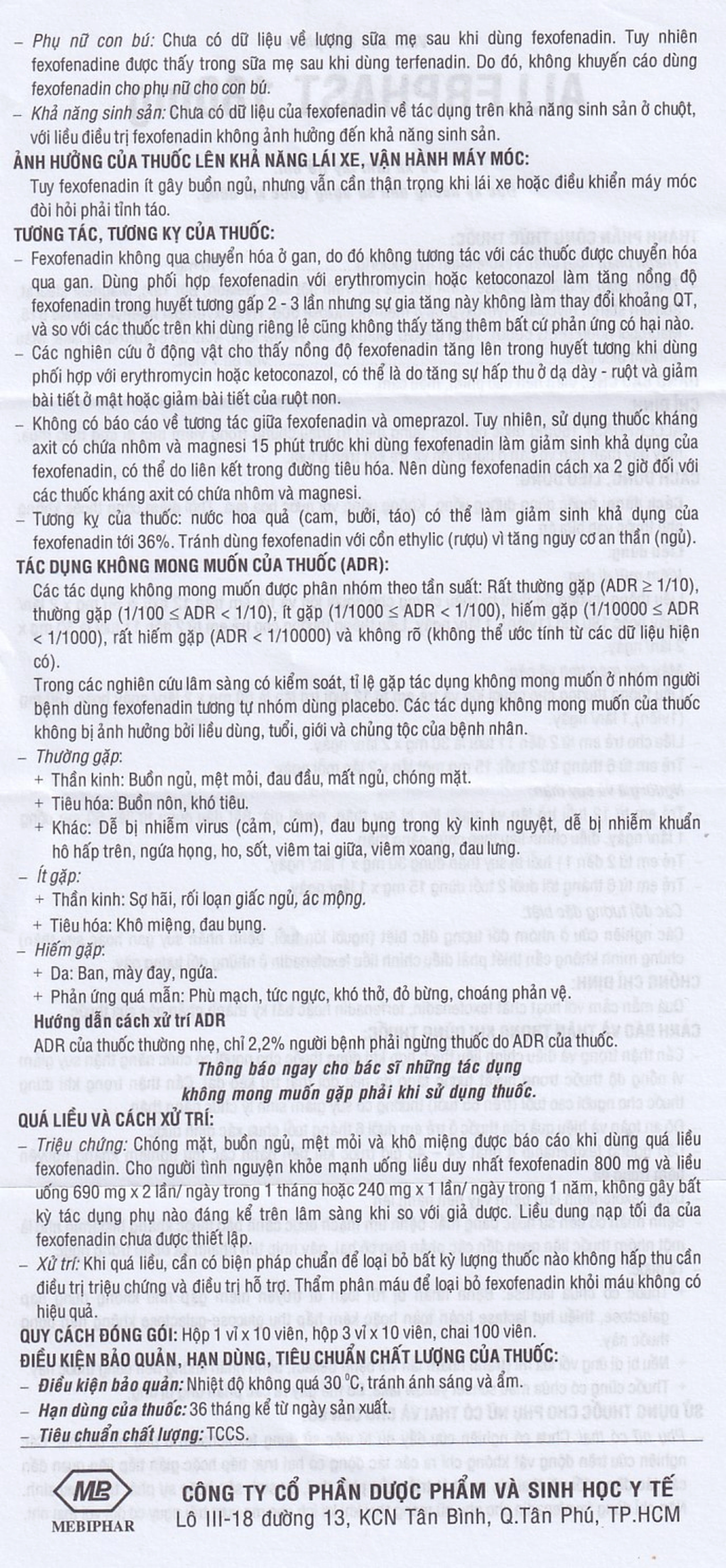 Thuốc Allerphast 180mg Mebiphar điều trị viêm mũi dị ứng theo mùa, mày đay mạn tính vô căn (1 vỉ x 10 viên)
