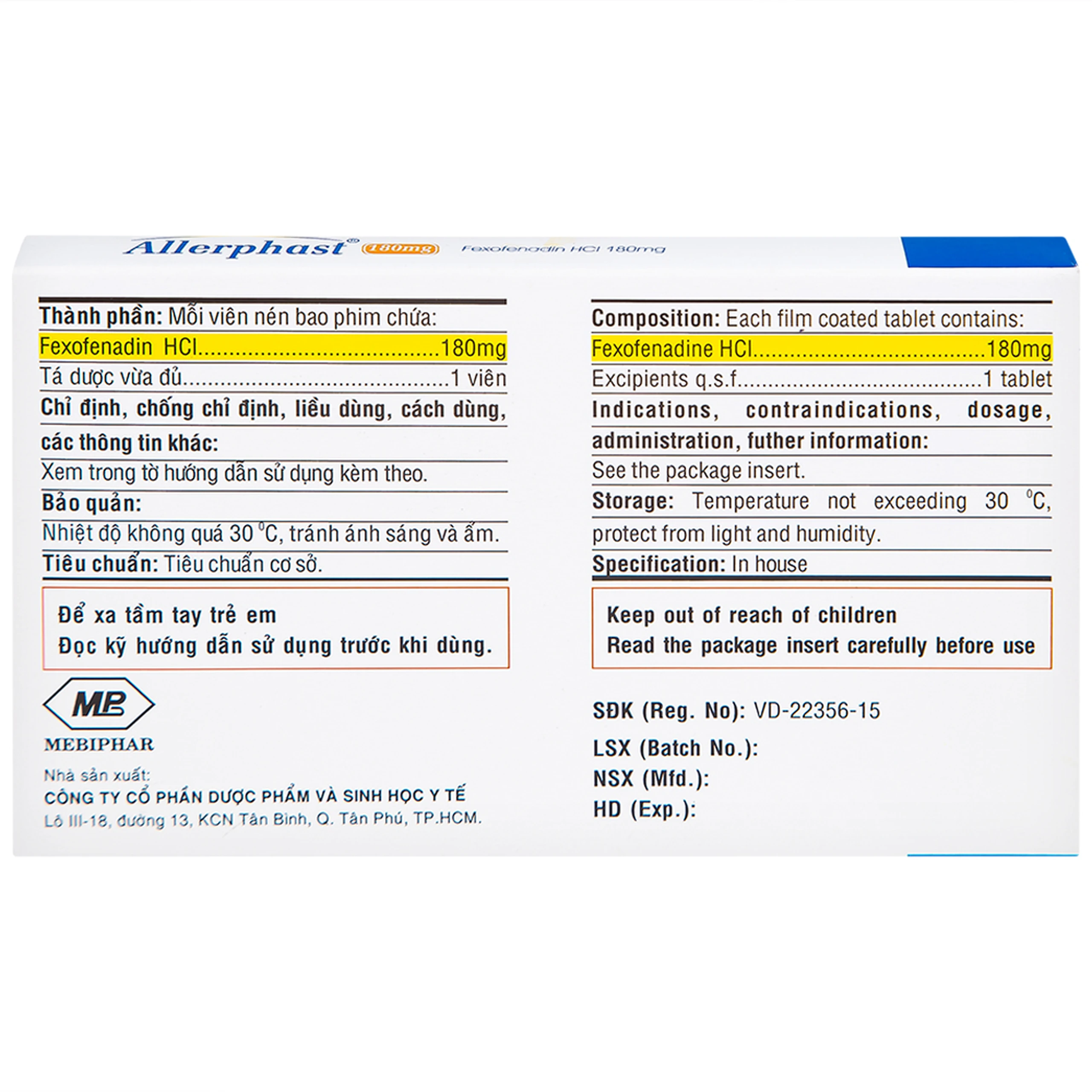 Thuốc Allerphast 180mg Mebiphar điều trị viêm mũi dị ứng theo mùa, mày đay mạn tính vô căn (1 vỉ x 10 viên)