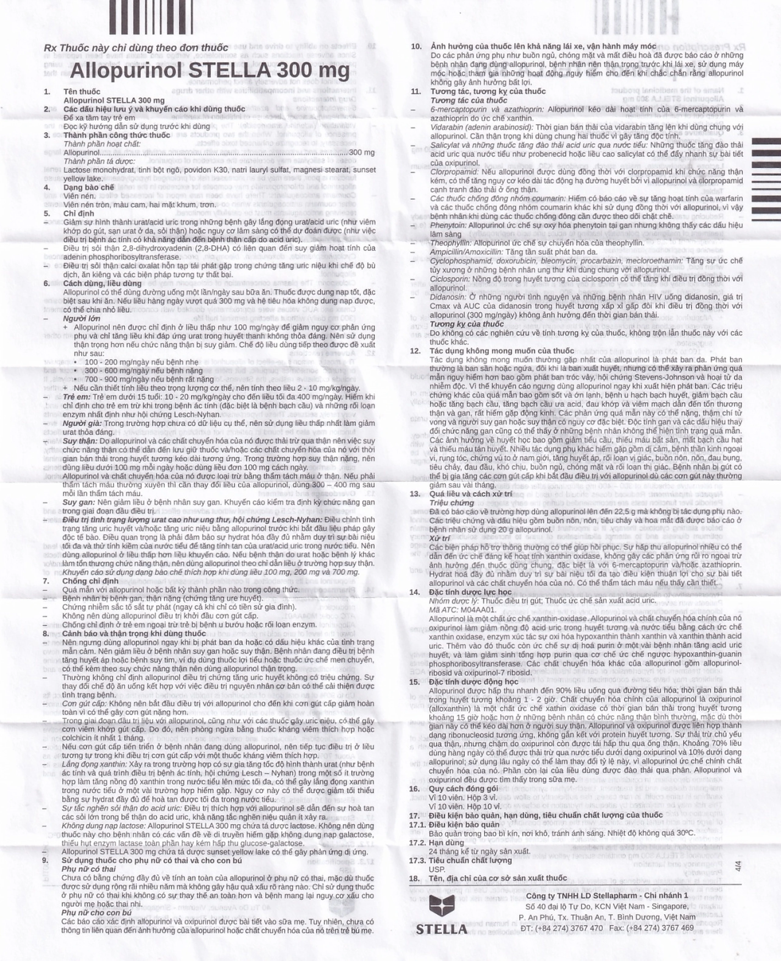 Thuốc Allopurinol Stella 300mg điều trị tăng acid uric máu, sỏi thận (3 vỉ x 10 viên)
