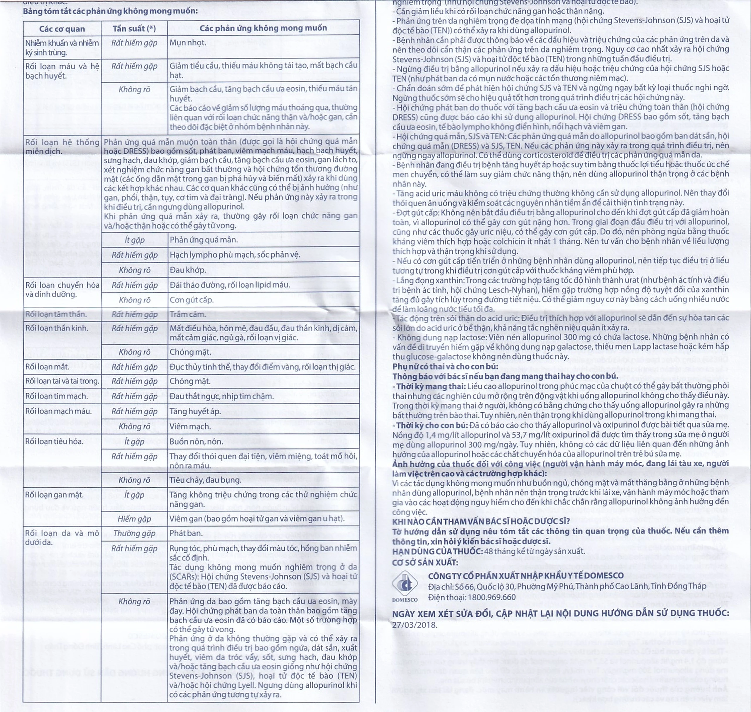 Thuốc Allopurinol 300mg Domesco điều trị tăng acid uric máu, sỏi thận (100 viên)