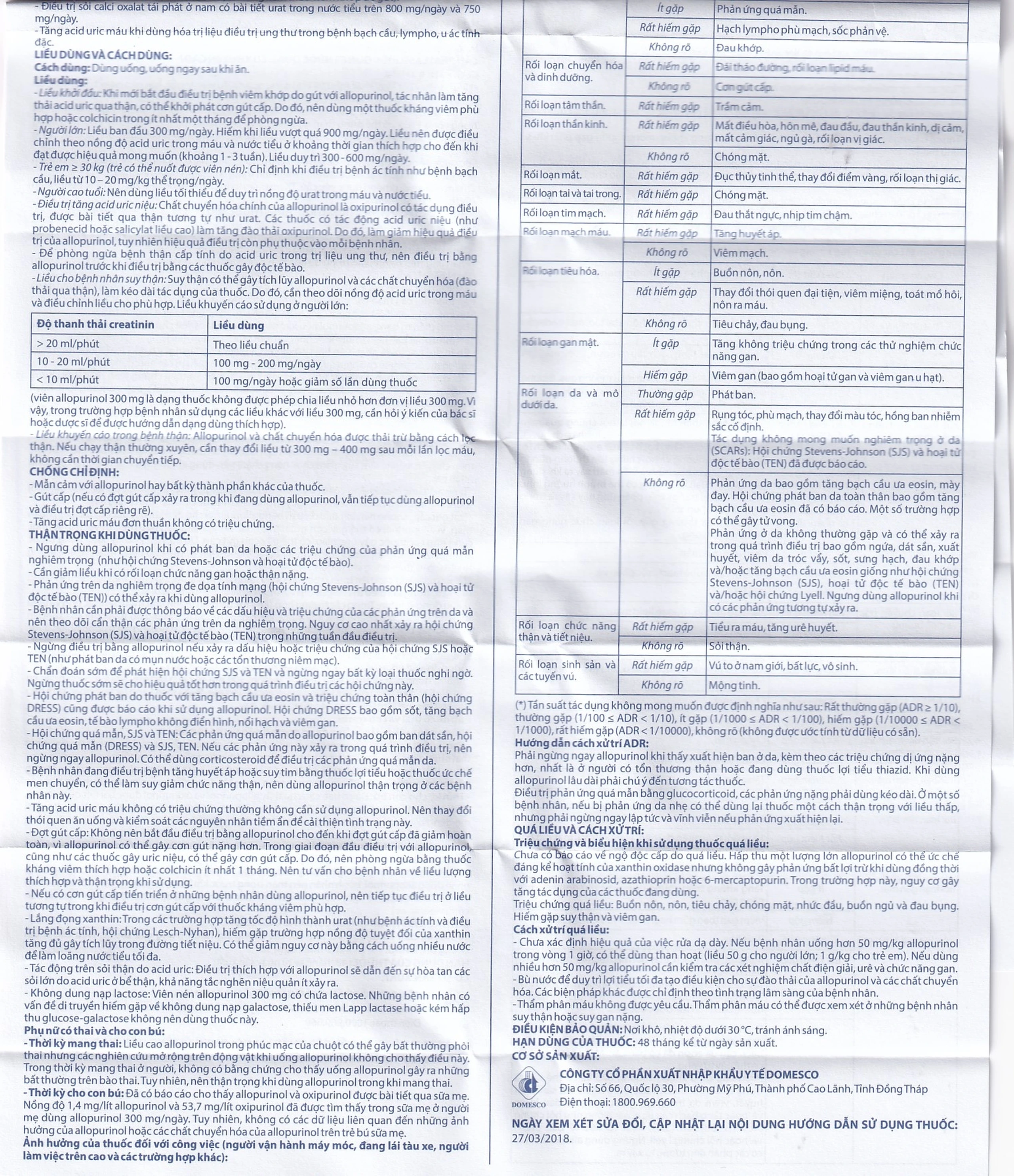 Thuốc Allopurinol 300mg Domesco điều trị tăng acid uric máu, sỏi thận (100 viên)