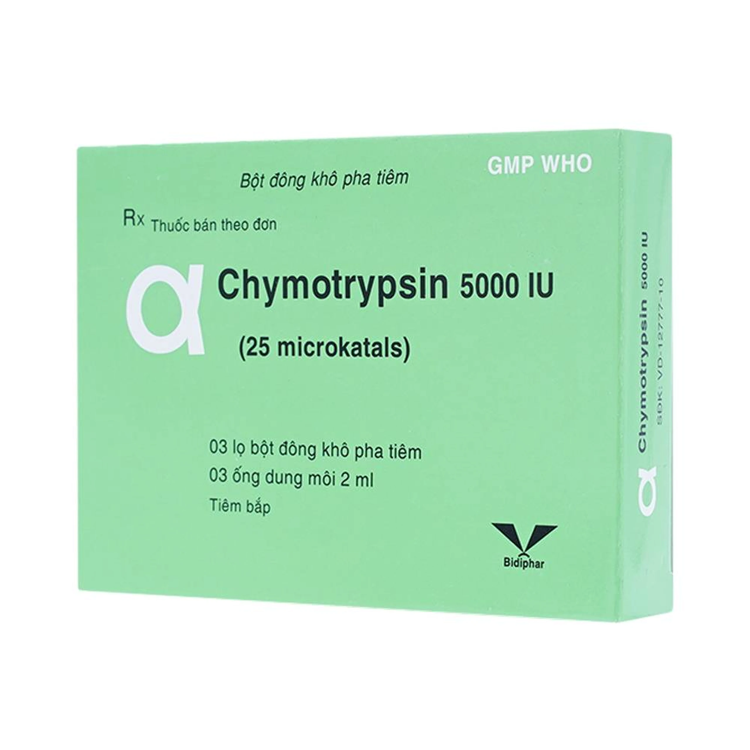 Bột đông khô pha tiêm AlphaChymotripsin 5000IU Bidiphar điều trị phù nề sau chấn thương, phẩu thuật (3 lọ bột x 3 ống dung môi)