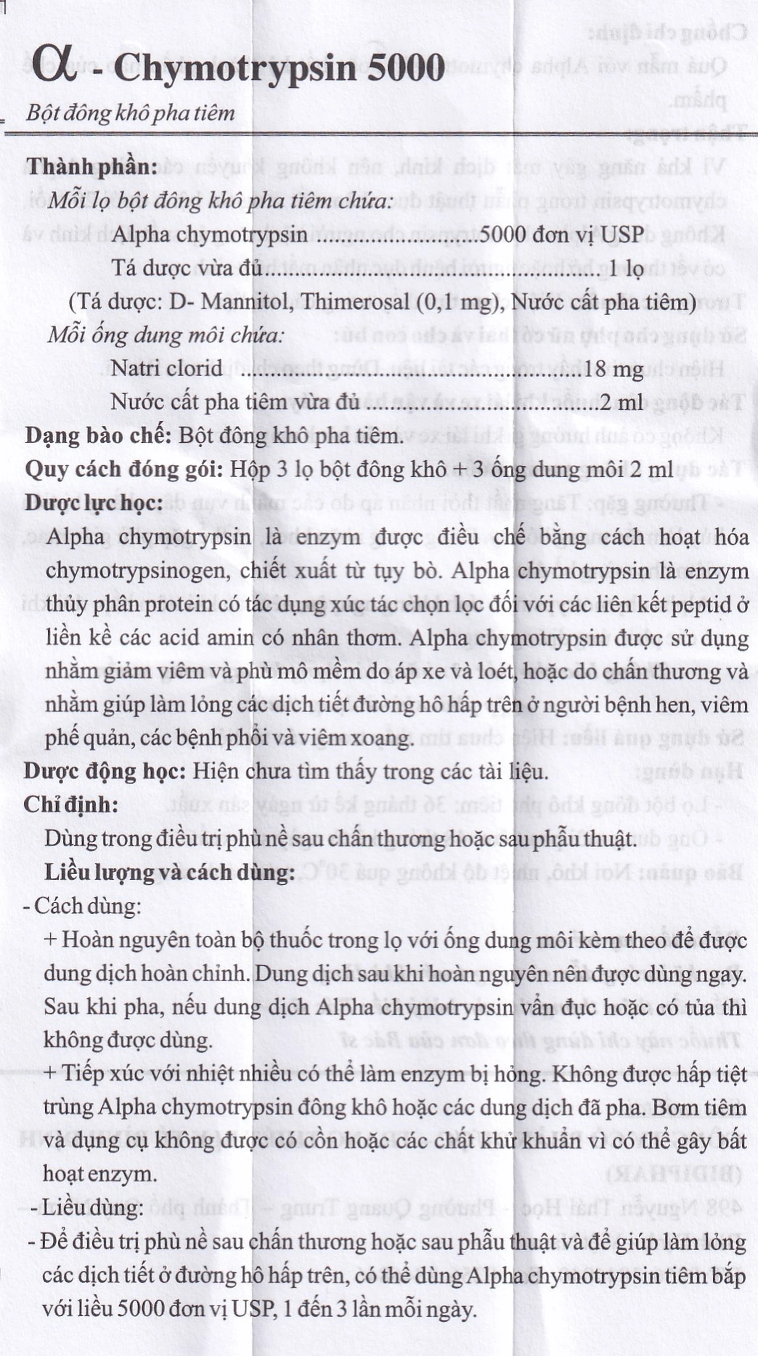 Bột đông khô pha tiêm AlphaChymotripsin 5000IU Bidiphar điều trị phù nề sau chấn thương, phẩu thuật (3 lọ bột x 3 ống dung môi)