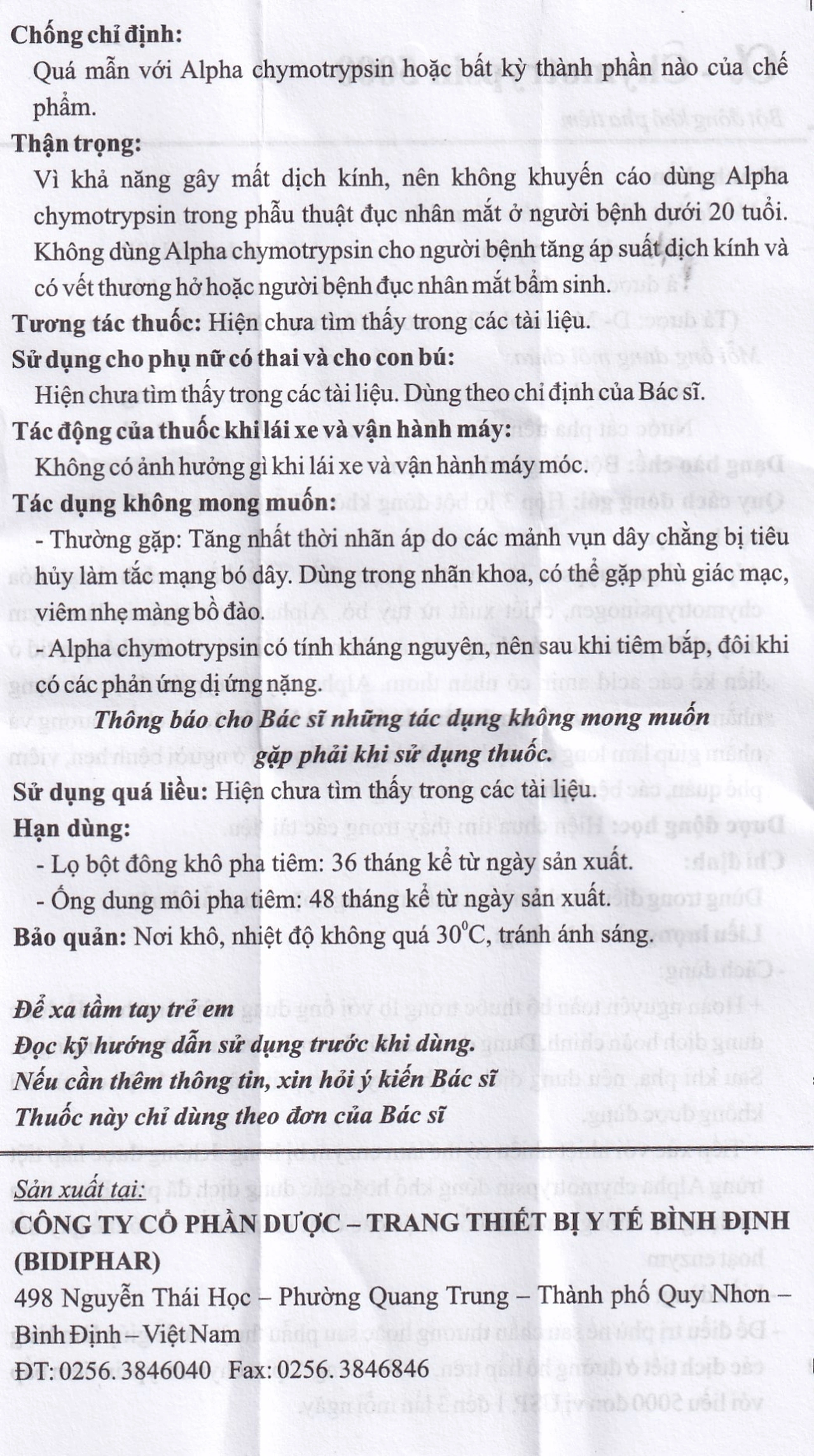Bột đông khô pha tiêm AlphaChymotripsin 5000IU Bidiphar điều trị phù nề sau chấn thương, phẩu thuật (3 lọ bột x 3 ống dung môi)