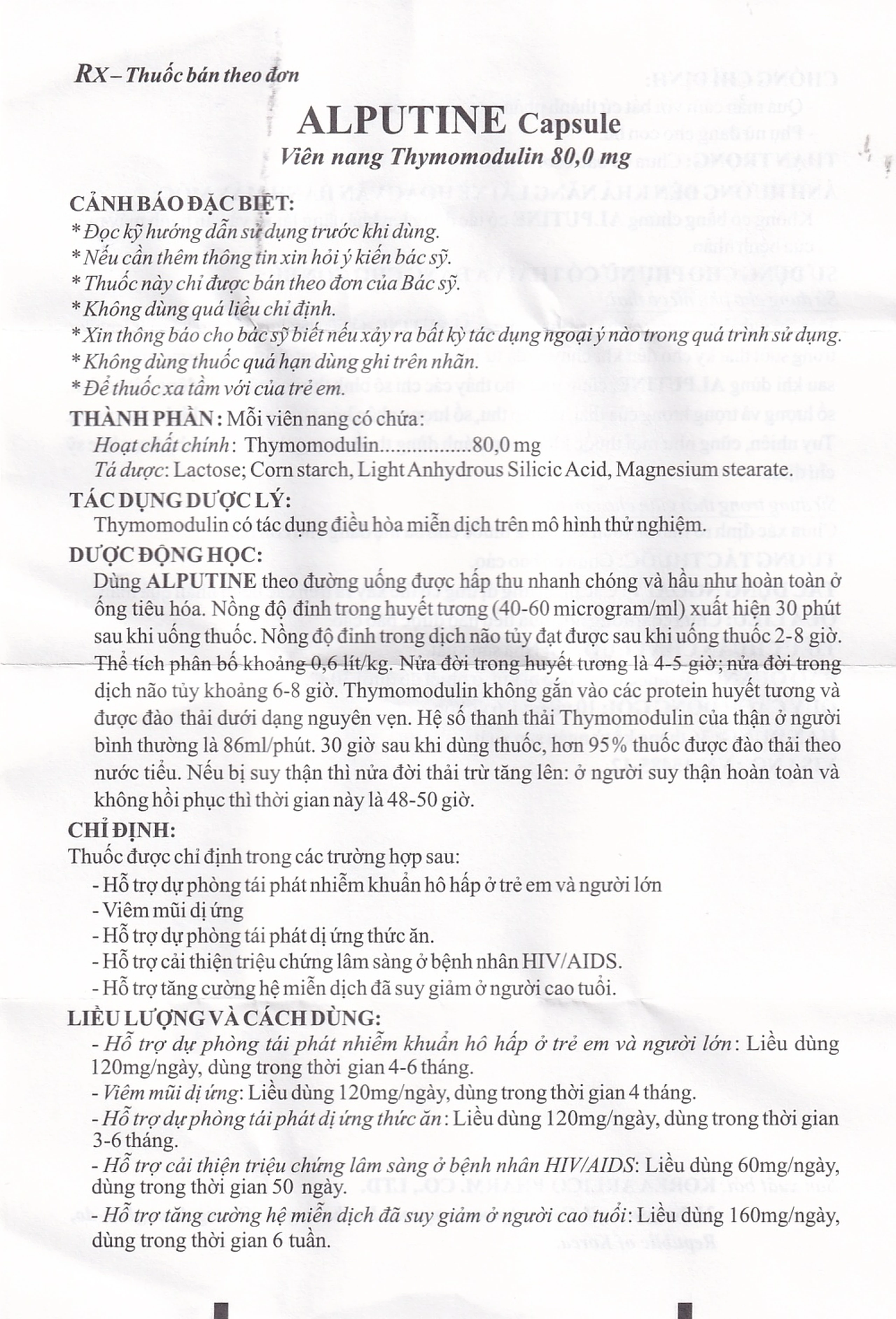 Thuốc Alputine 80mg Arlico hỗ trợ điều trị nhiễm khuẩn hô hấp, viêm mũi dị ứng (6 vỉ x 10 viên)