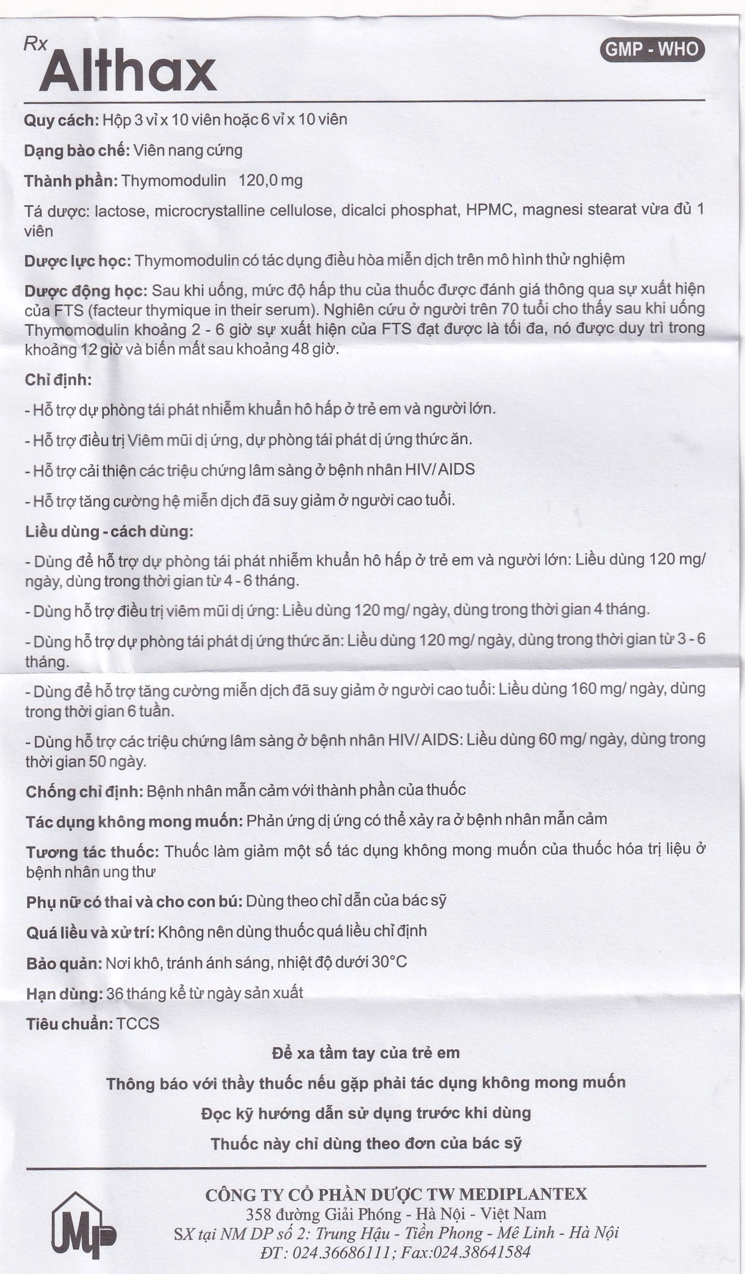 Thuốc Althax 120mg Mediplantex hỗ trợ điều trị viêm mũi dị ứng, nhiễm khuẩn hô hấp (3 vỉ x 10 viên)