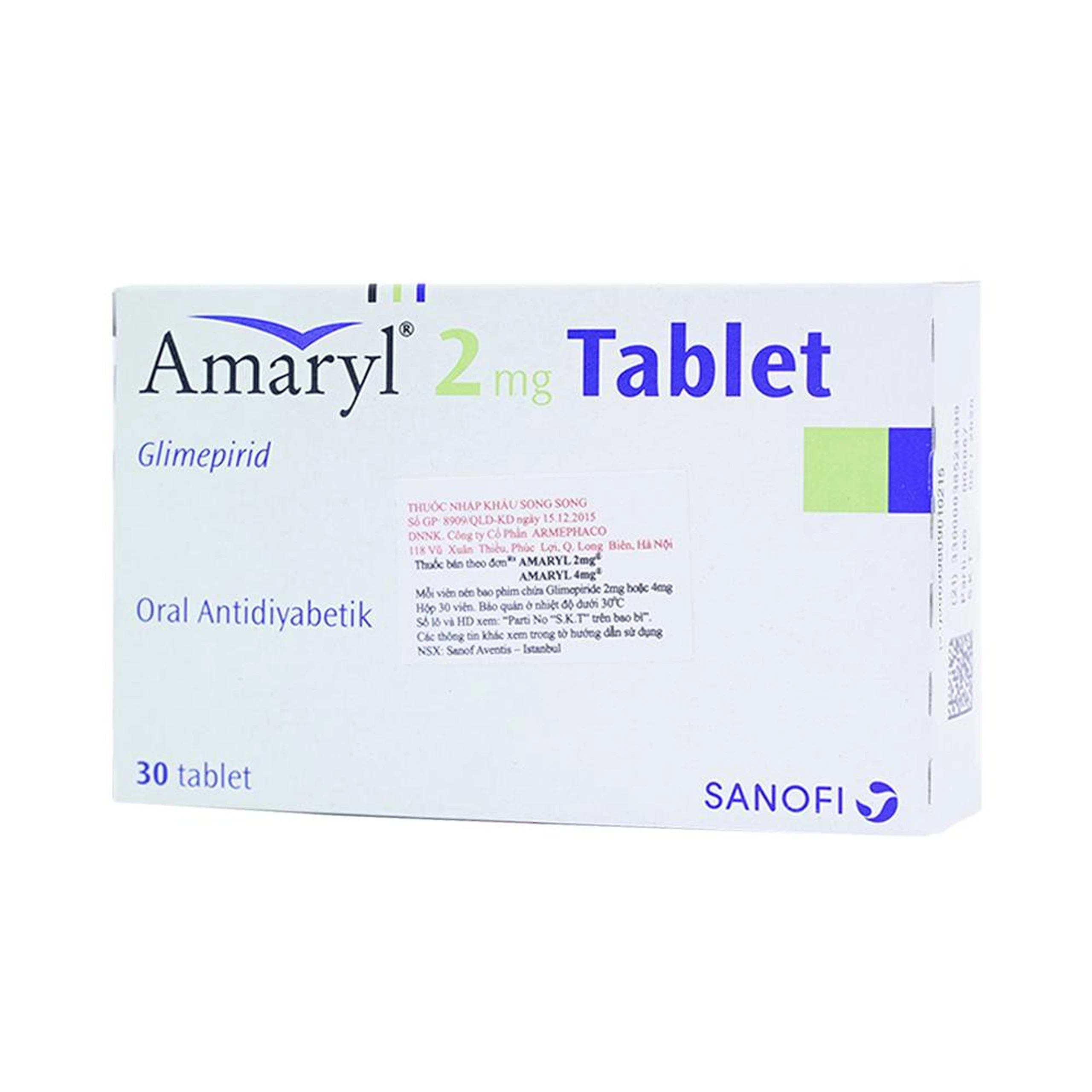 Thuốc Amaryl 2mg Sanofi điều trị bệnh đái tháo đường (3 vỉ x 10 viên)