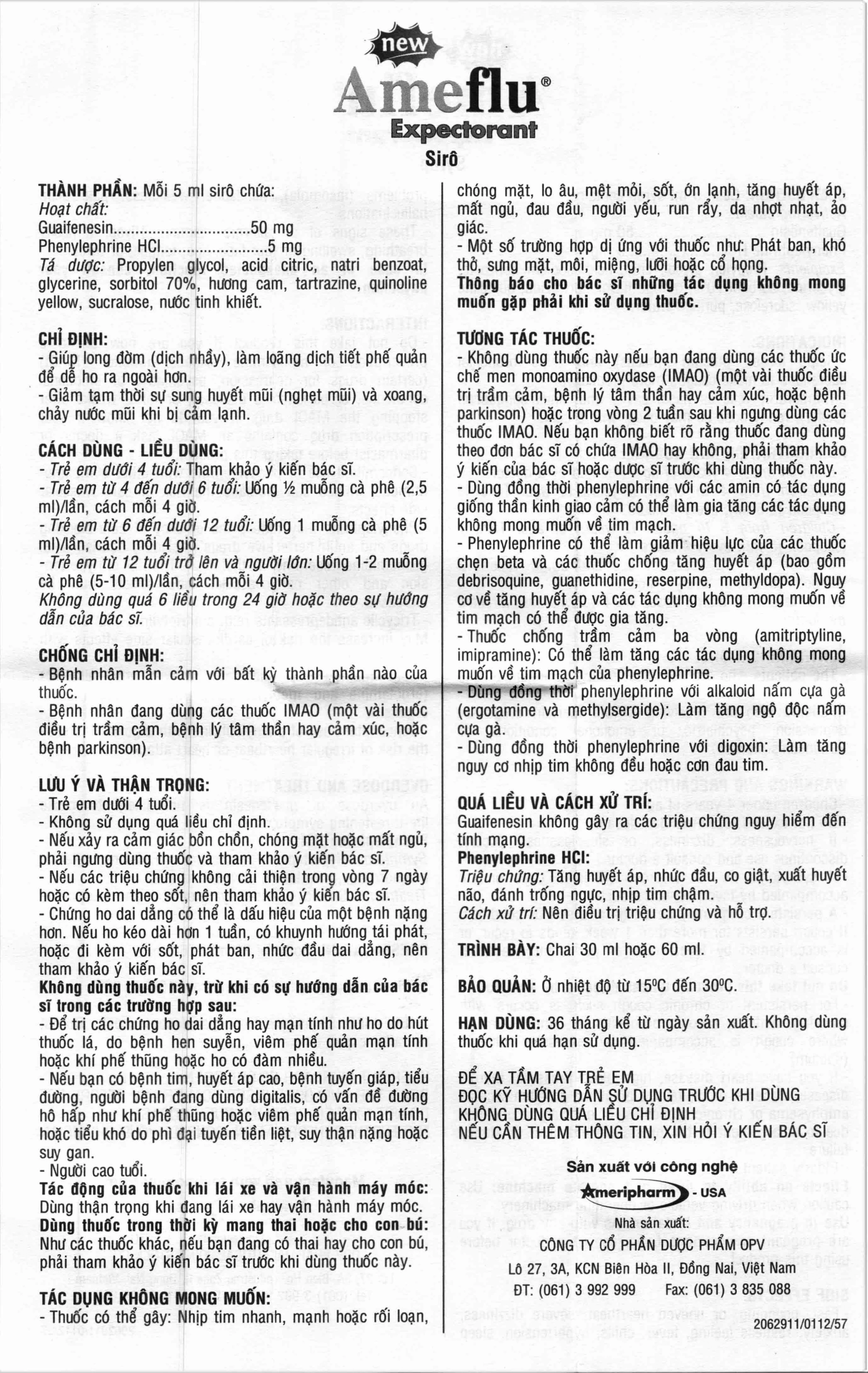 Siro Ameflu Expectorant OPV thông mũi, long đờm (60ml)