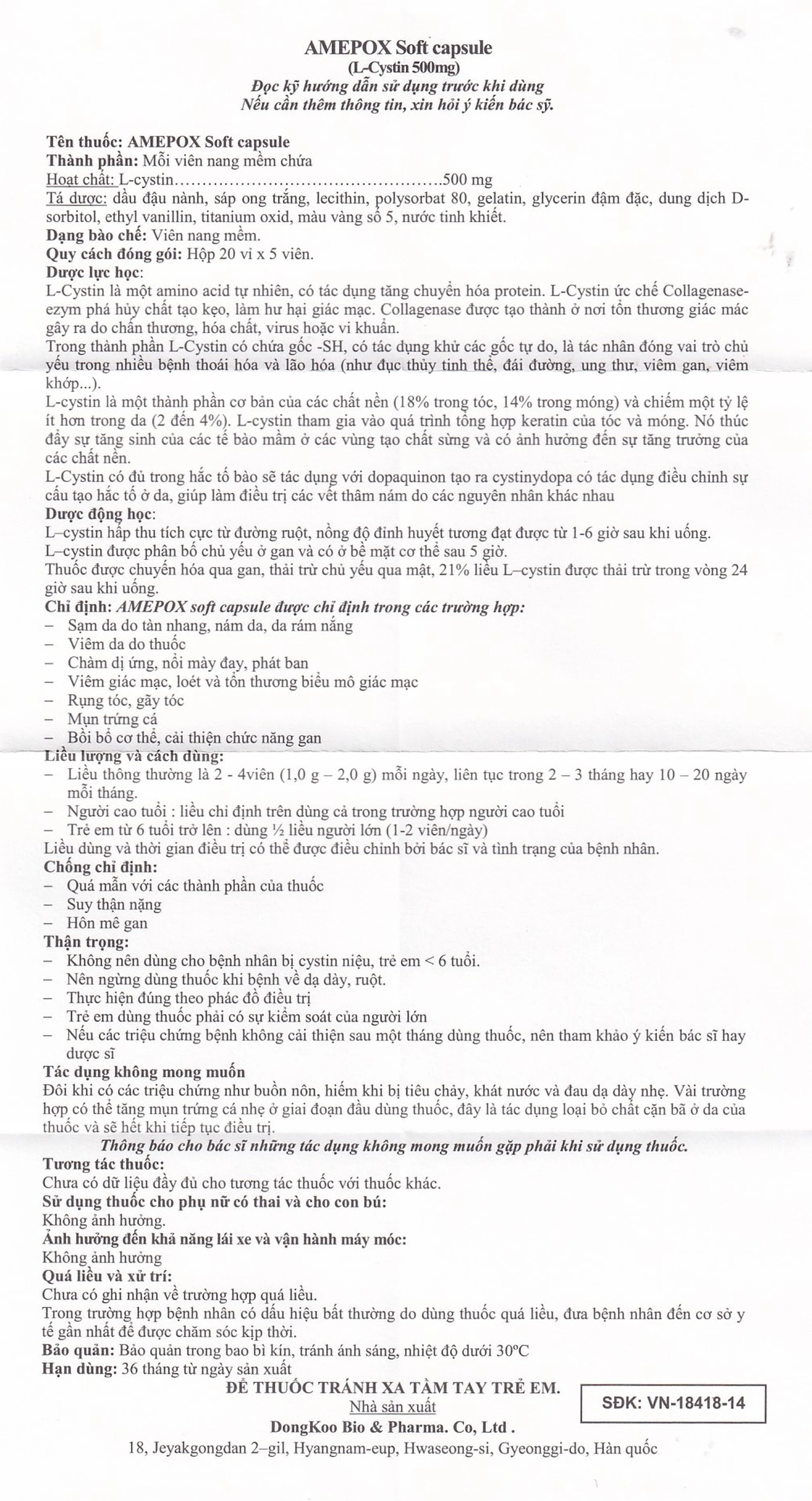 Thuốc Amepox 500mg DongKoo điều trị sạm da do tàn nhang, nám da (20 vỉ x 5 viên)