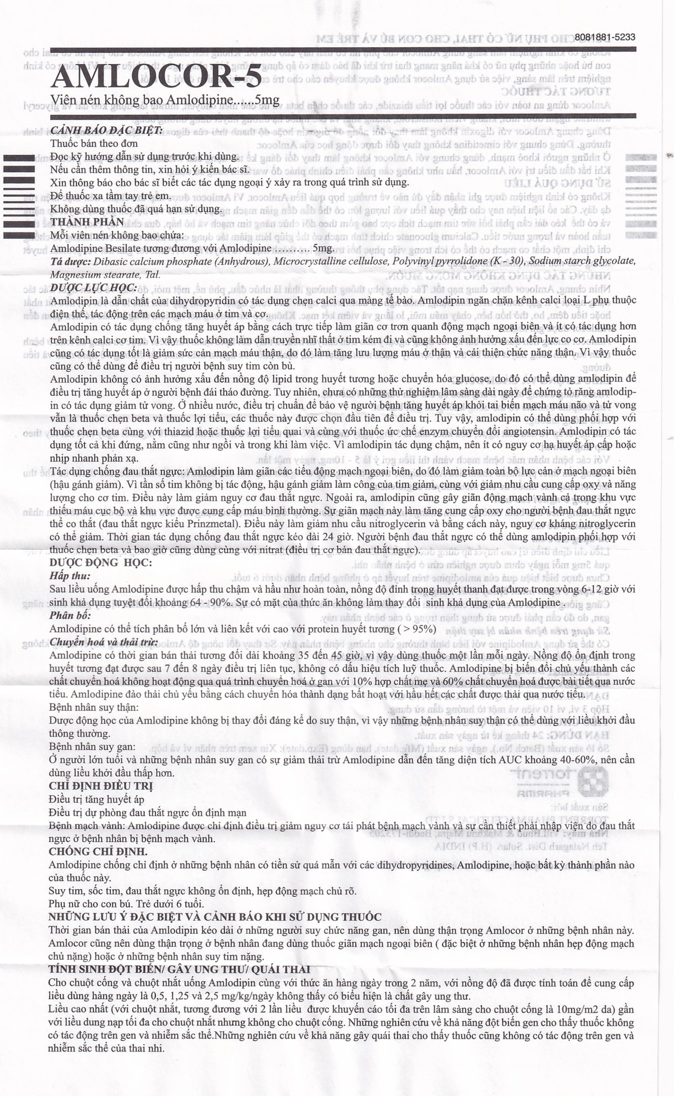 Thuốc Amlocor-5 Torrent điều trị tăng huyết áp, đau thắt ngực (3 vỉ x 10 viên)