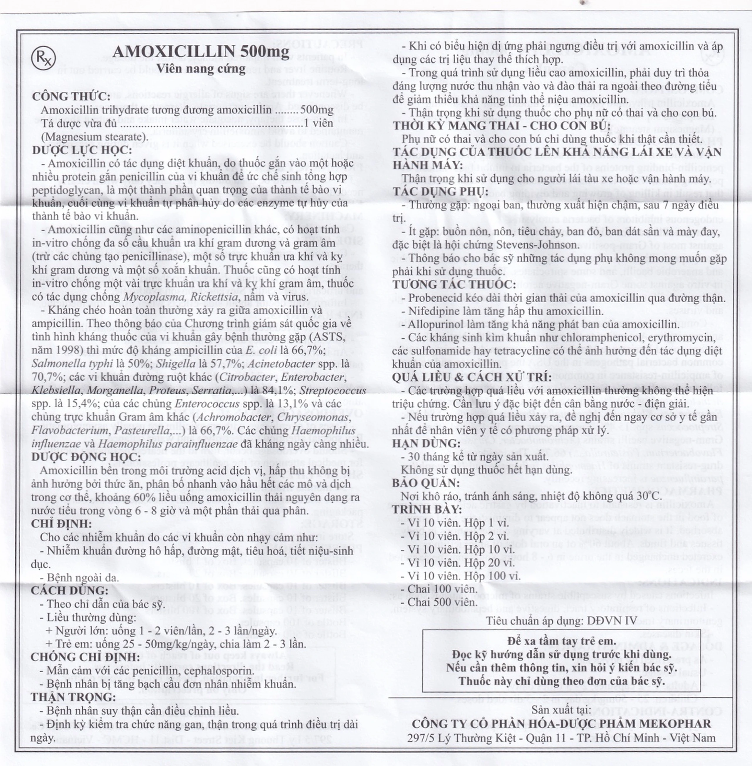 Thuốc Amoxicillin 500mg Mekophar điều trị nhiễm khuẩn (10 vỉ x 10 viên)