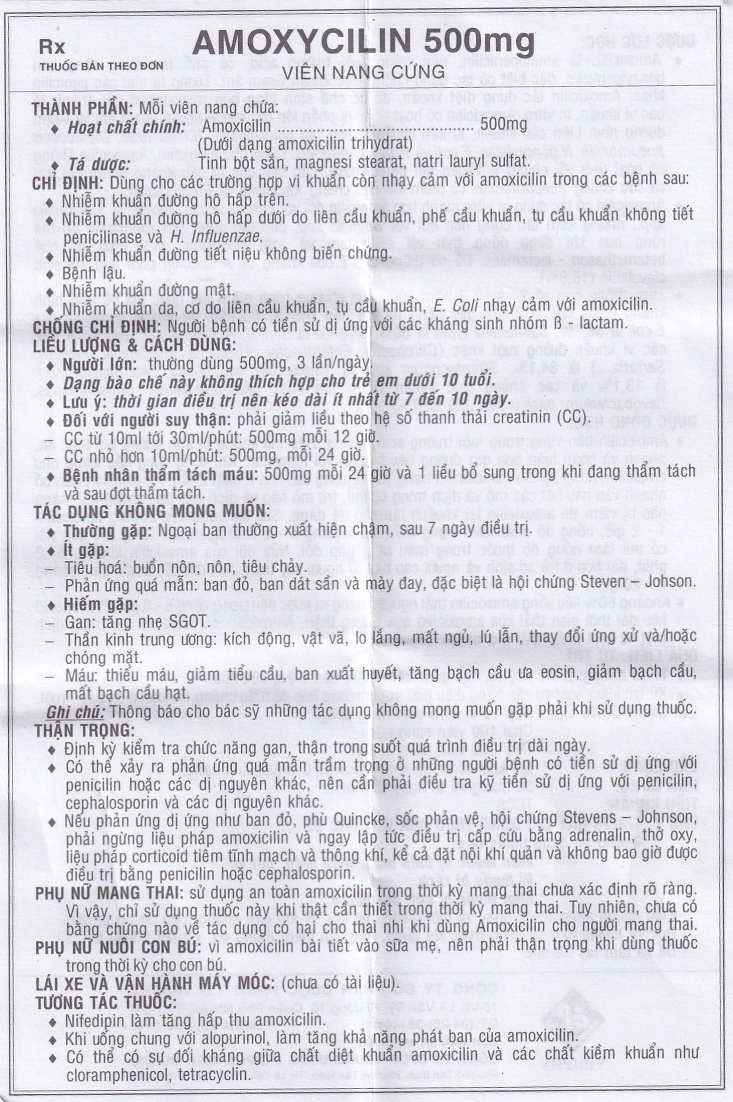 Thuốc Amoxycilin 500mg Vidipha điều trị nhiễm khuẩn (10 vỉ x 10 viên)