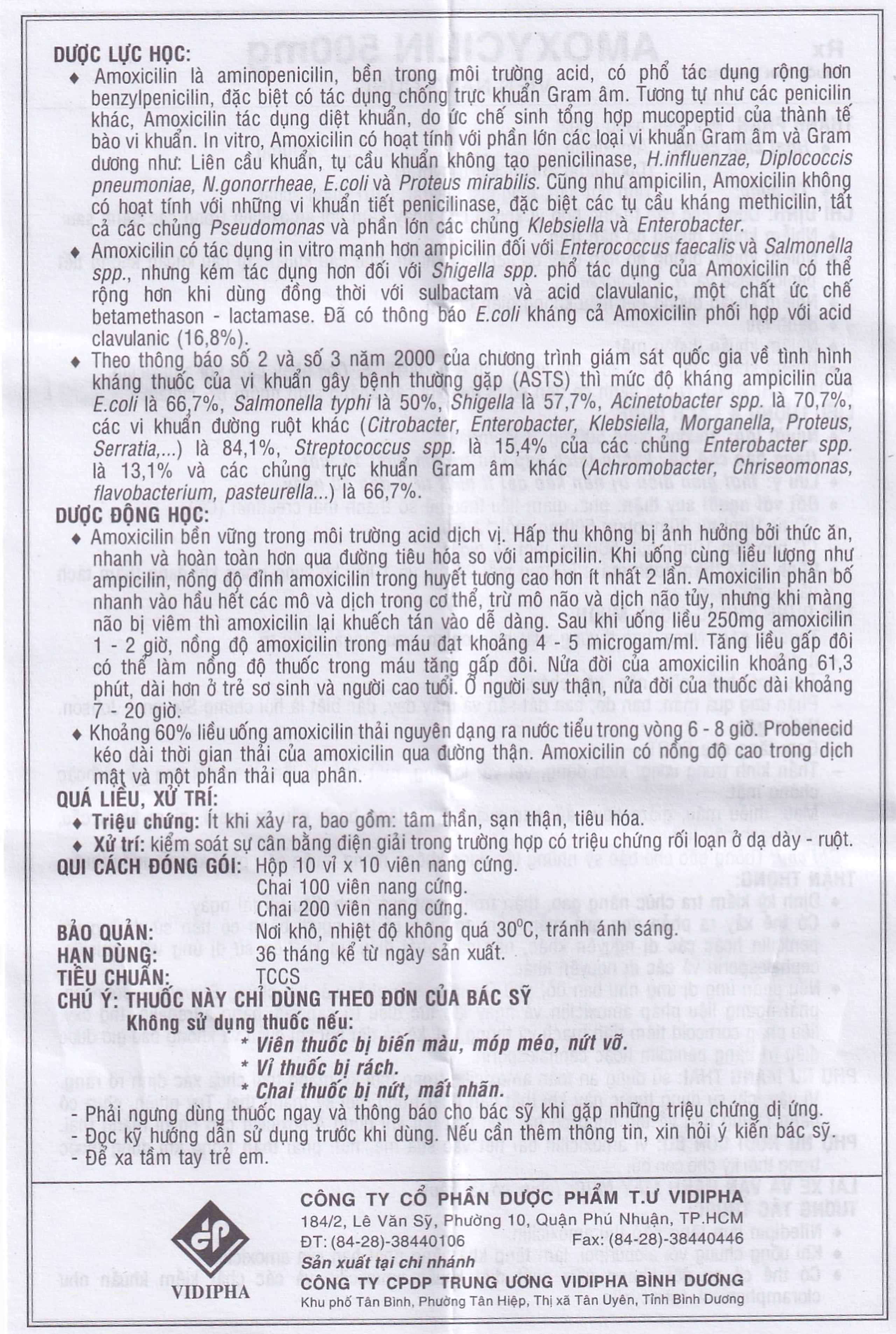 Thuốc Amoxycilin 500mg Vidipha điều trị nhiễm khuẩn (10 vỉ x 10 viên)
