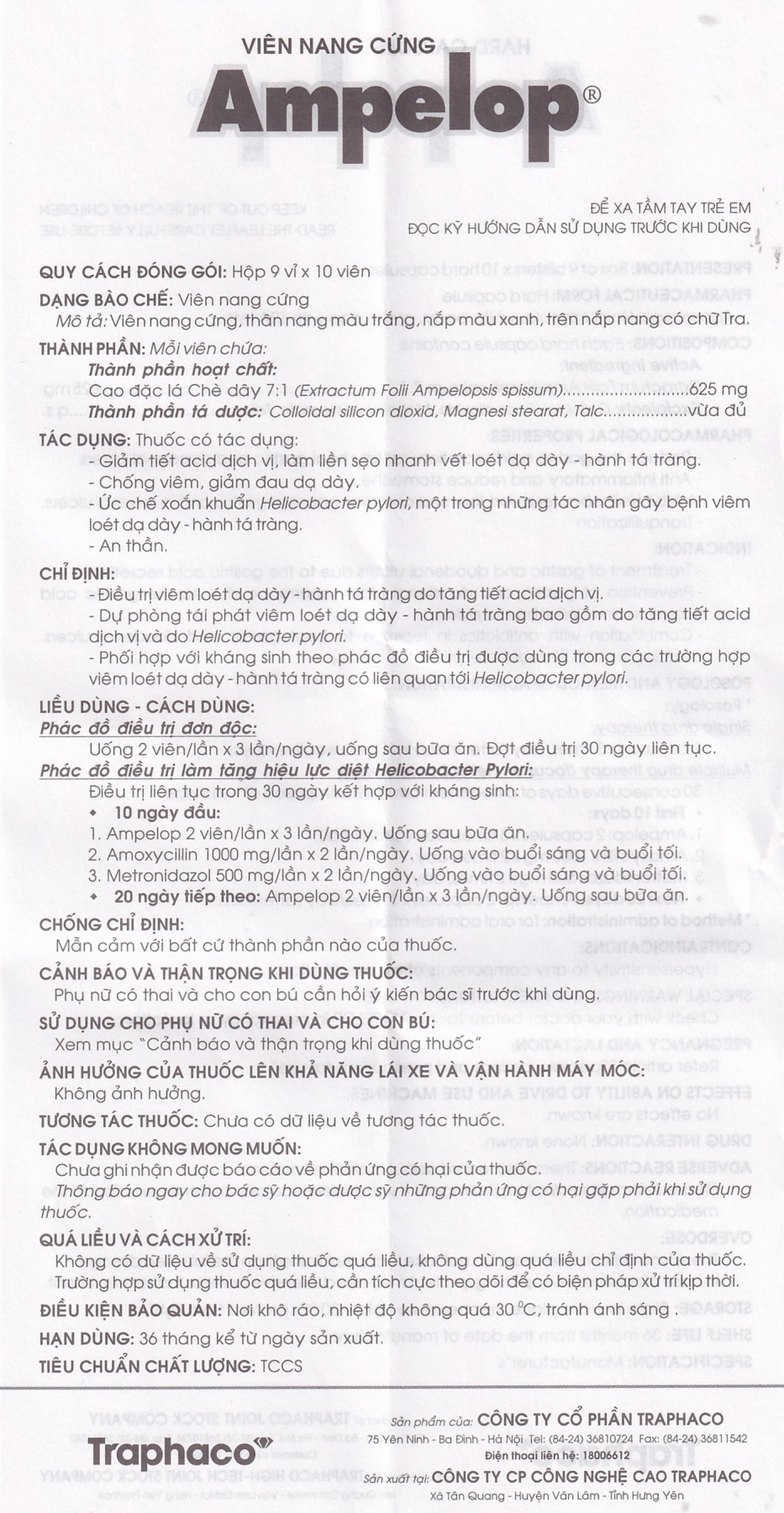 Thuốc Ampelop 625mg Traphaco điều trị viêm loét dạ dày, hành tá tràng (9 vỉ x 10 viên)