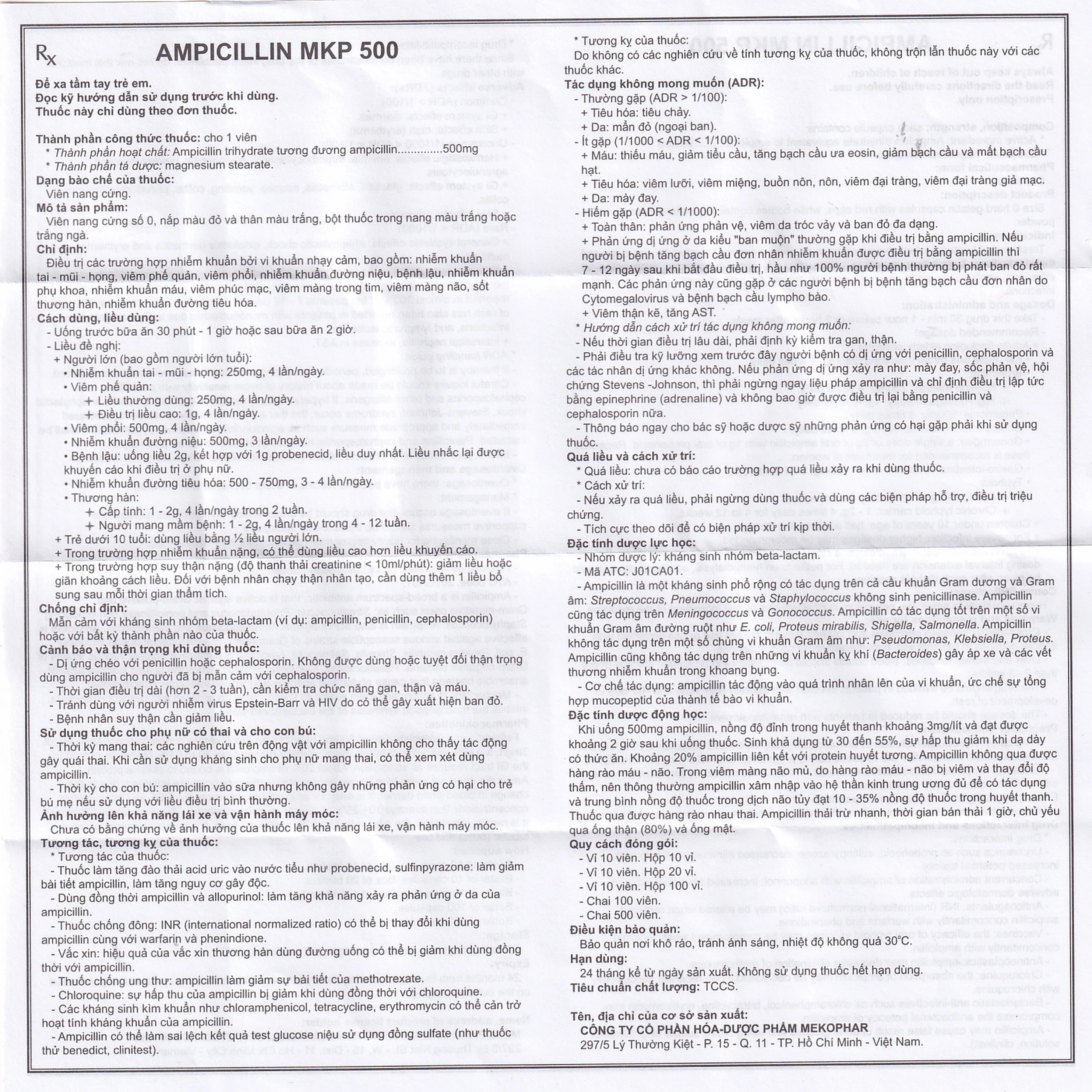 Thuốc Ampicillin MKP 500 Mekophar điều trị nhiễm khuẩn (10 vỉ x 10 viên)