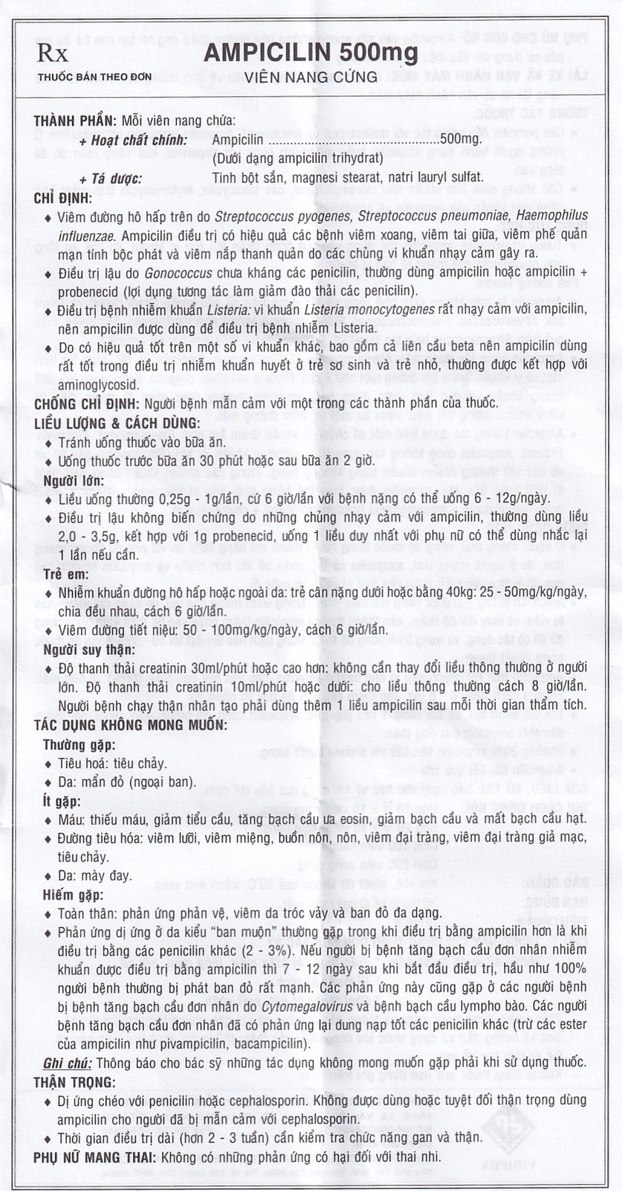 Thuốc Ampicilin 500mg Vidipha điều trị nhiễm khuẩn (10 vỉ x 10 viên)