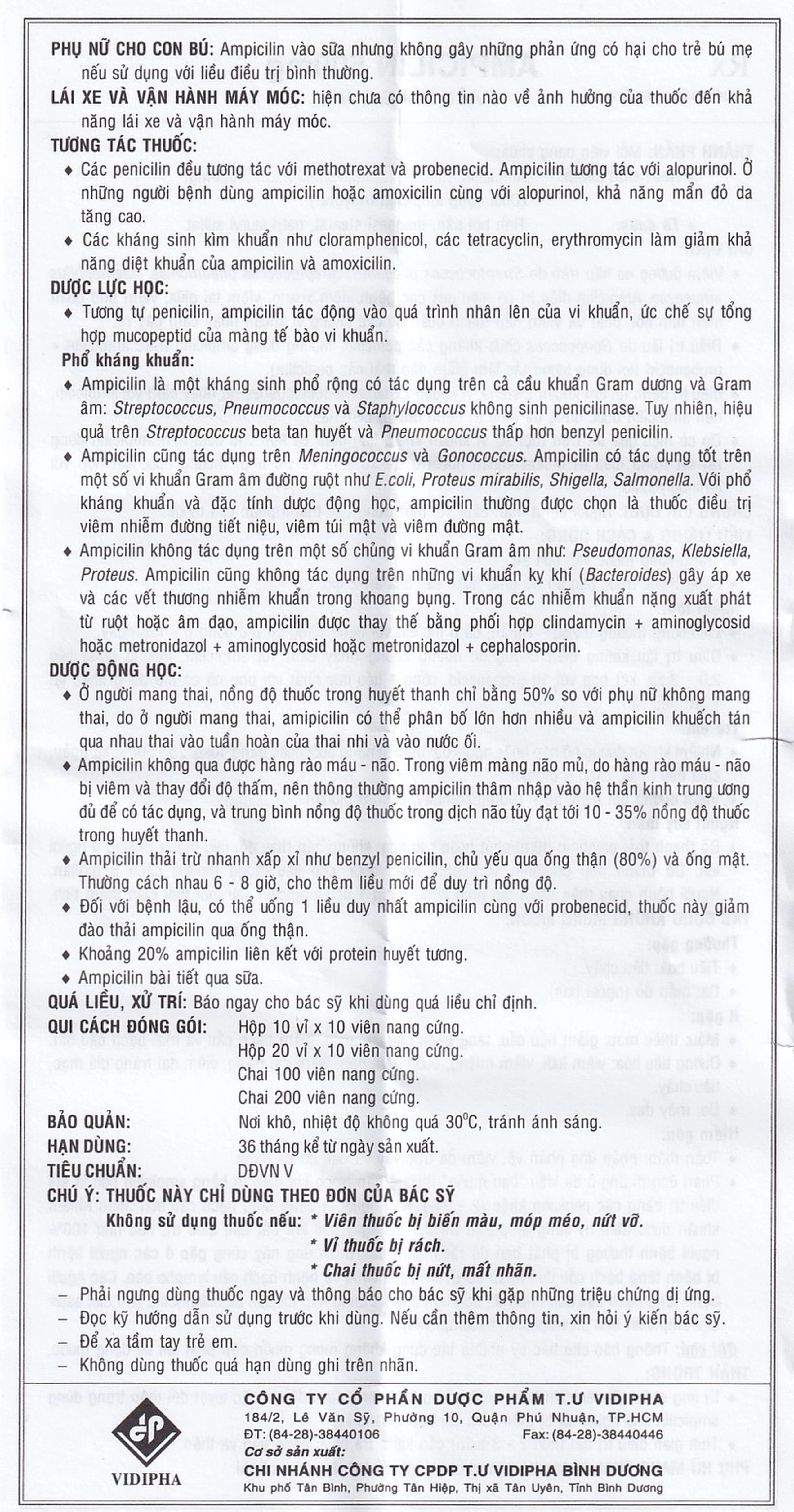Thuốc Ampicilin 500mg Vidipha điều trị nhiễm khuẩn (10 vỉ x 10 viên)