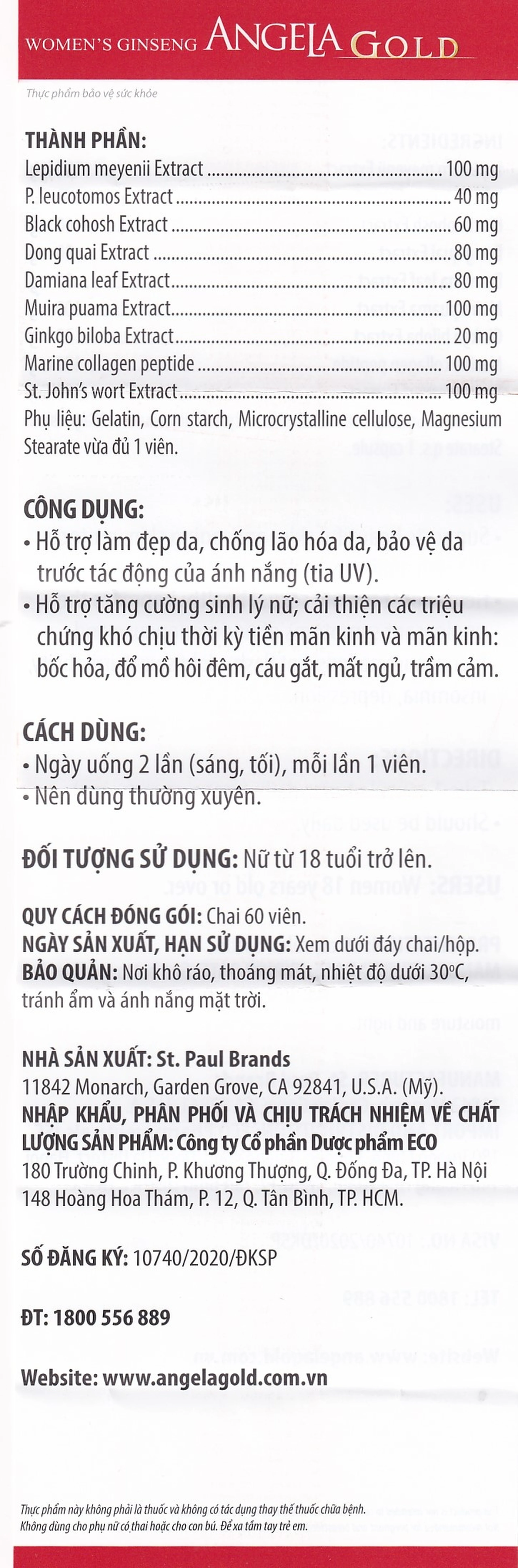Viên uống hỗ trợ làn da căng sáng tăng cường sinh lý nữ Angela Gold Ecogreen (60 viên)
