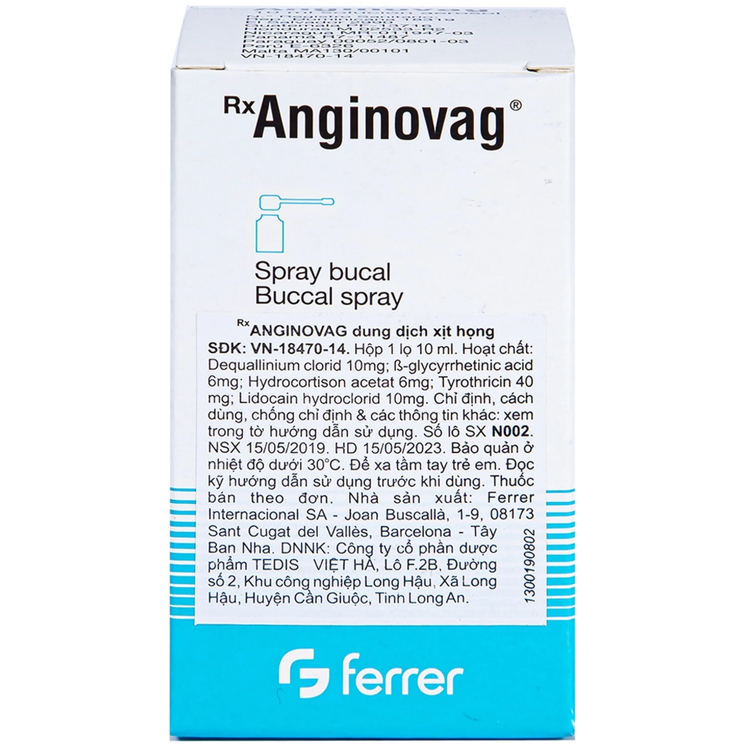 Dung dịch xịt họng Anginovag Ferrer hỗ trợ điều trị các bệnh lý ở miệng, họng (10ml)