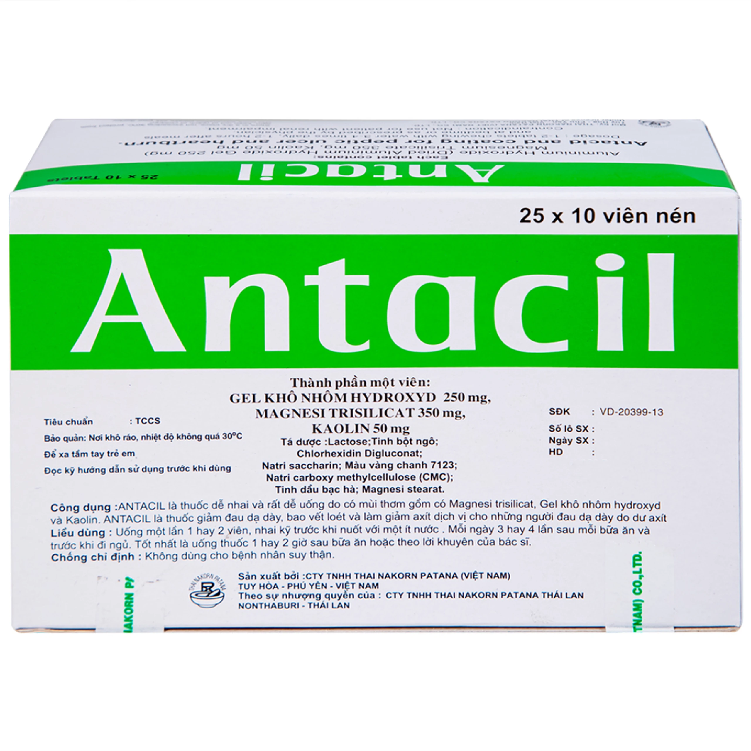 Thuốc Antacil 250mg Thai Nakorn Patana điều trị bệnh loét dạ dày, tá tràng (25 vỉ x 10 viên)