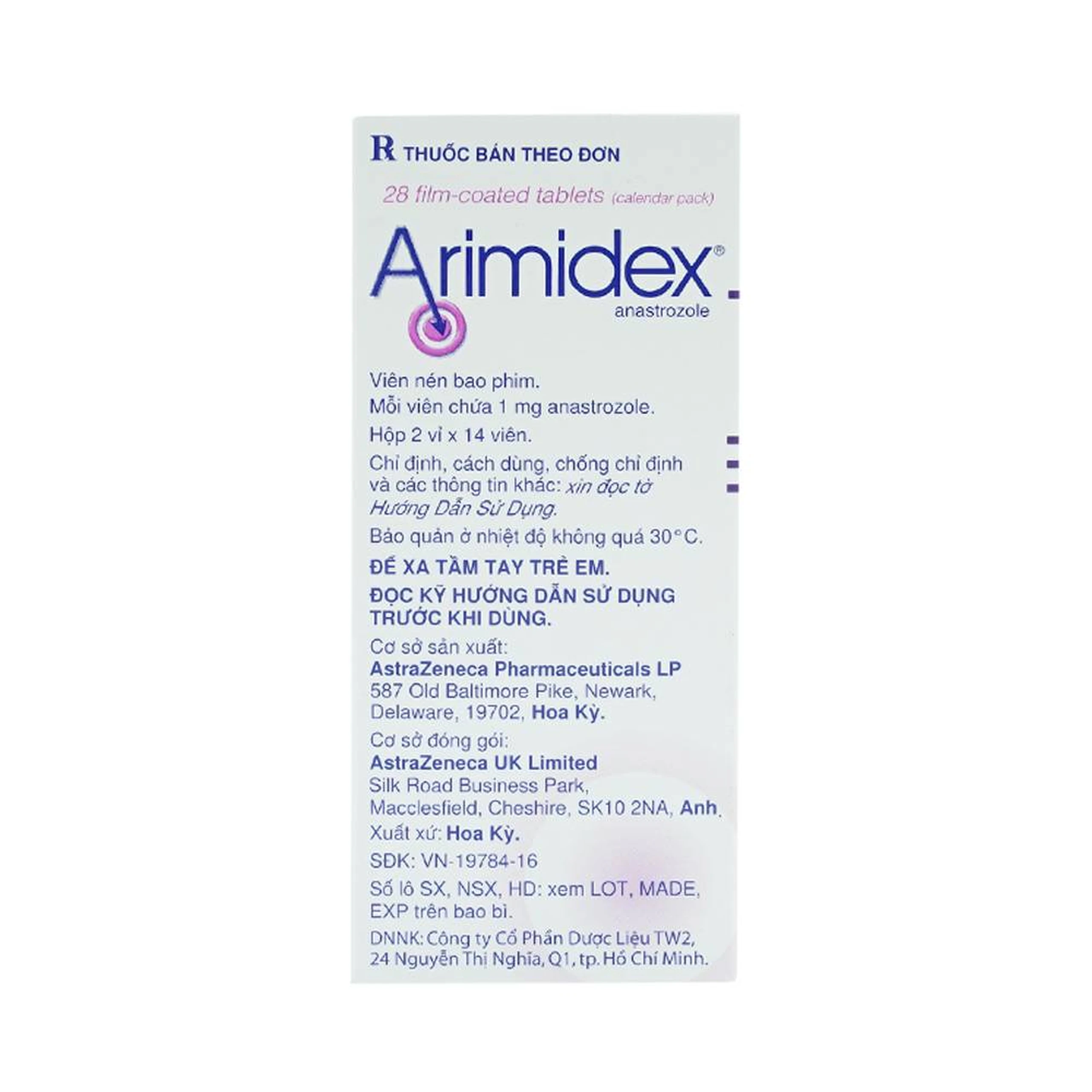 Thuốc Arimidex 1mg AstraZeneca điều trị ung thư vú tiến triển (2 vỉ x 14 viên)