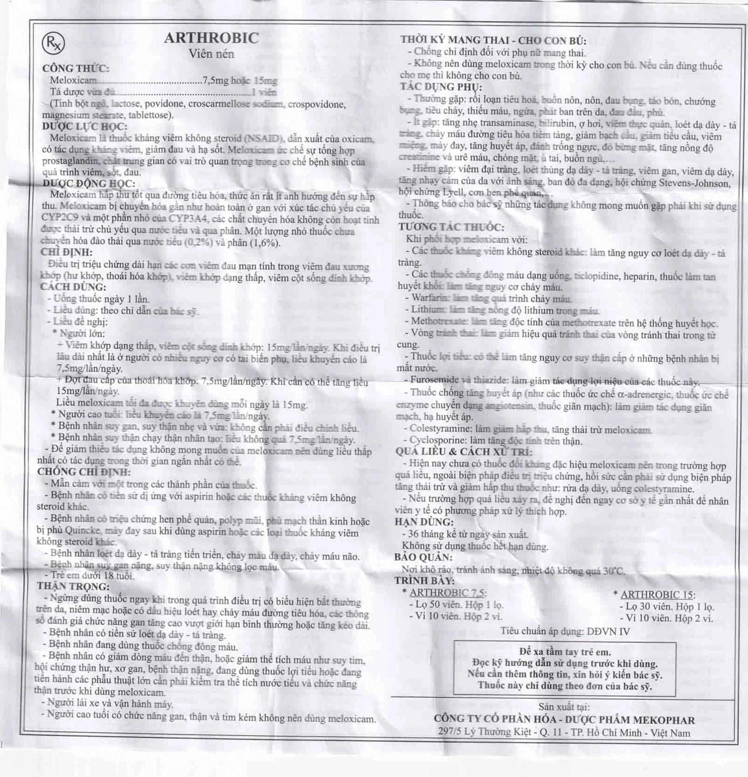 Thuốc Arthrobic 7.5 Mekophar điều trị viêm đau xương khớp, viêm khớp dạng thấp (50 viên)