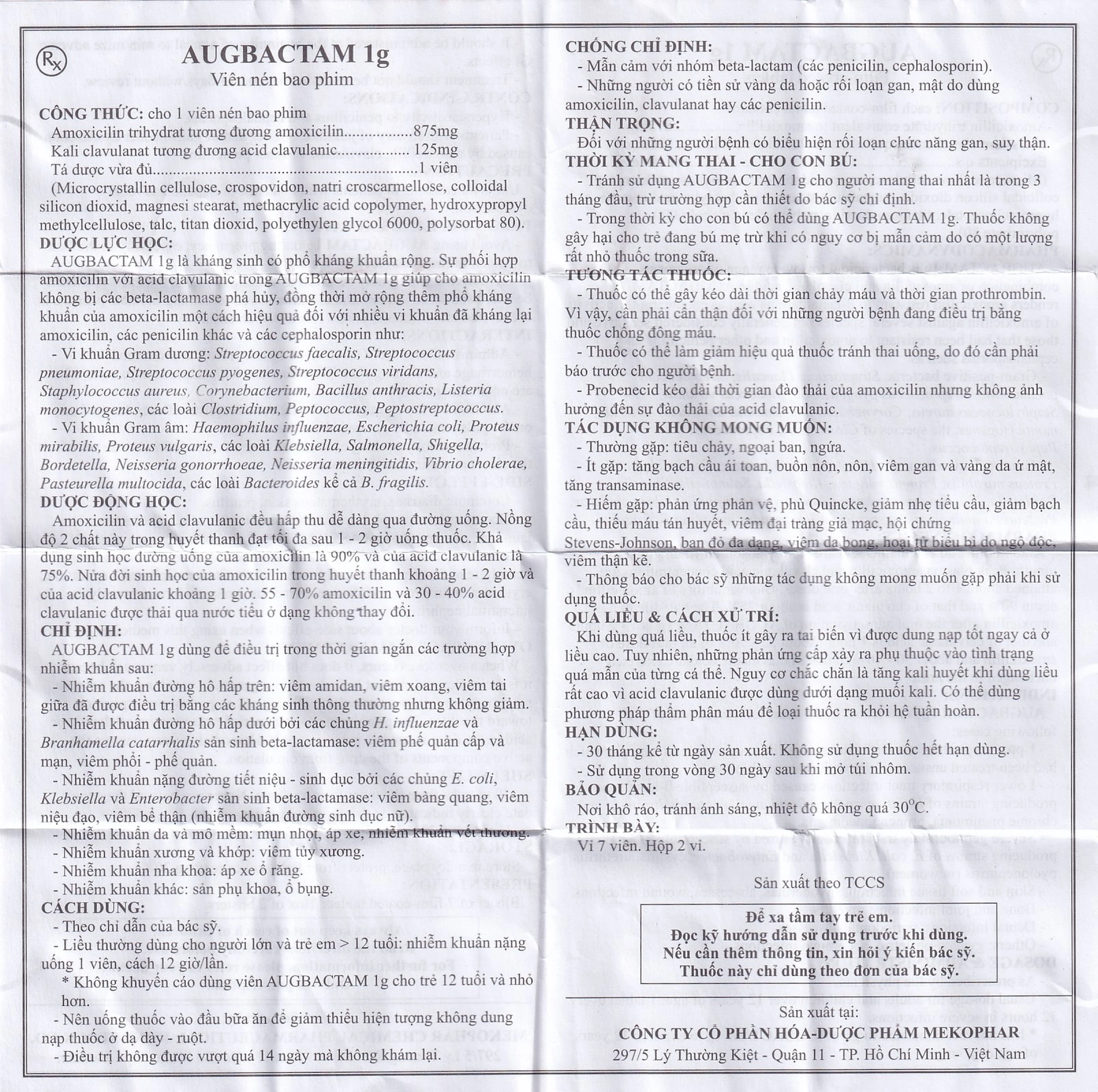 Thuốc Augbactam 1g Mekophar hỗ trợ điều trị nhiễm khuẩn đường hô hấp (2 vỉ x 7 viên)