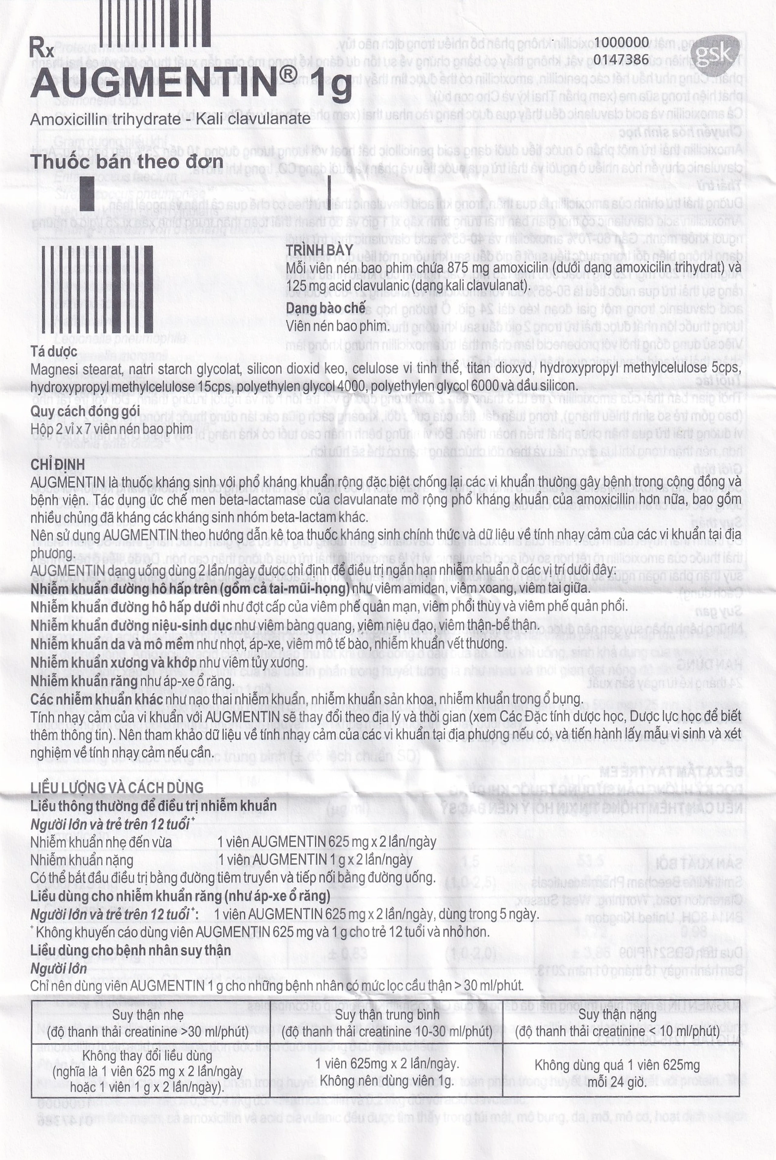 Thuốc Augmentin 1g GSK điều trị nhiễm khuẩn (2 vỉ x 7 viên)