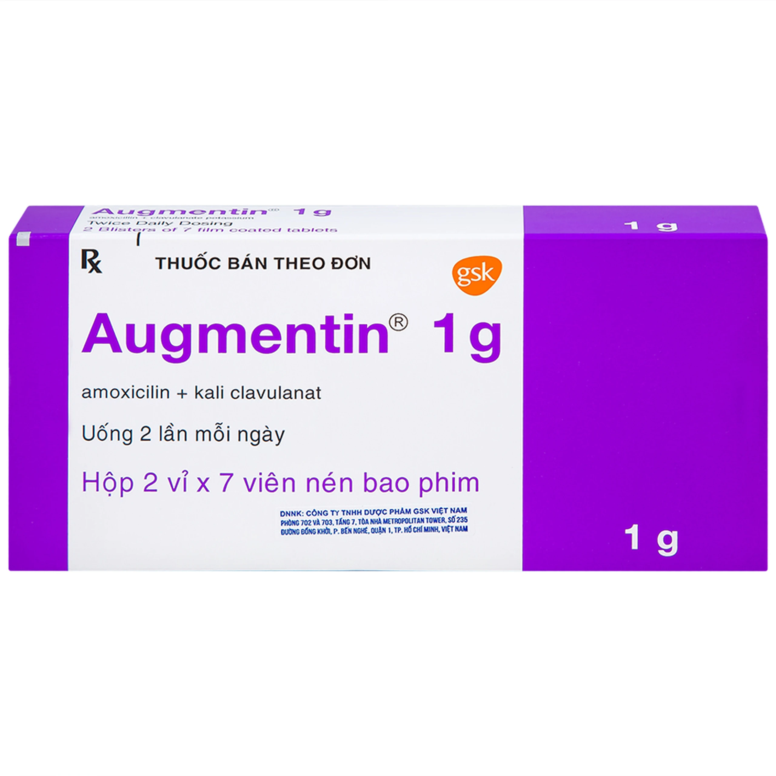Thuốc Augmentin 1g GSK điều trị nhiễm khuẩn (2 vỉ x 7 viên)
