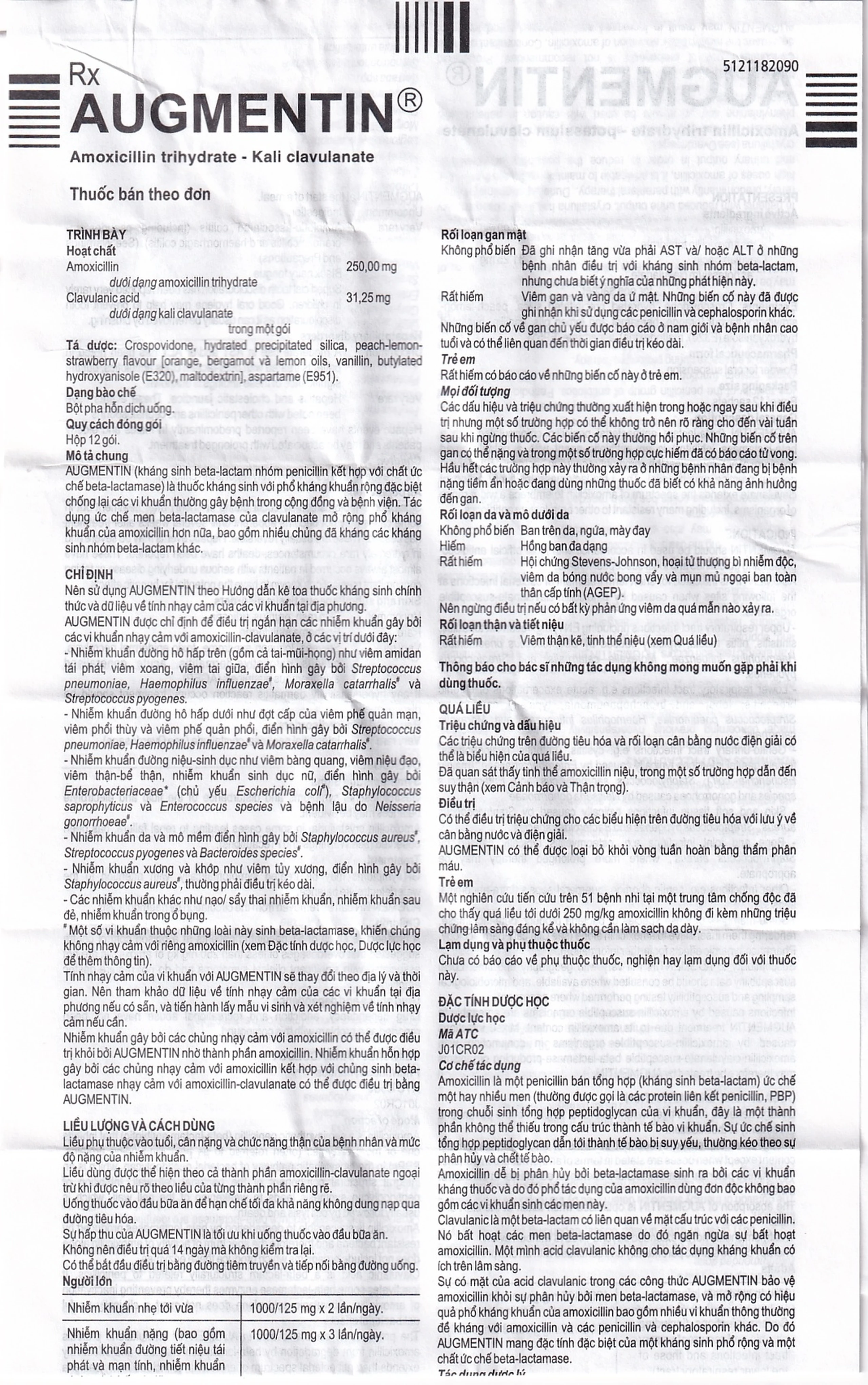 Bột Augmentin 250mg/31.25mg GSK điều trị nhiễm khuẩn (12 gói)