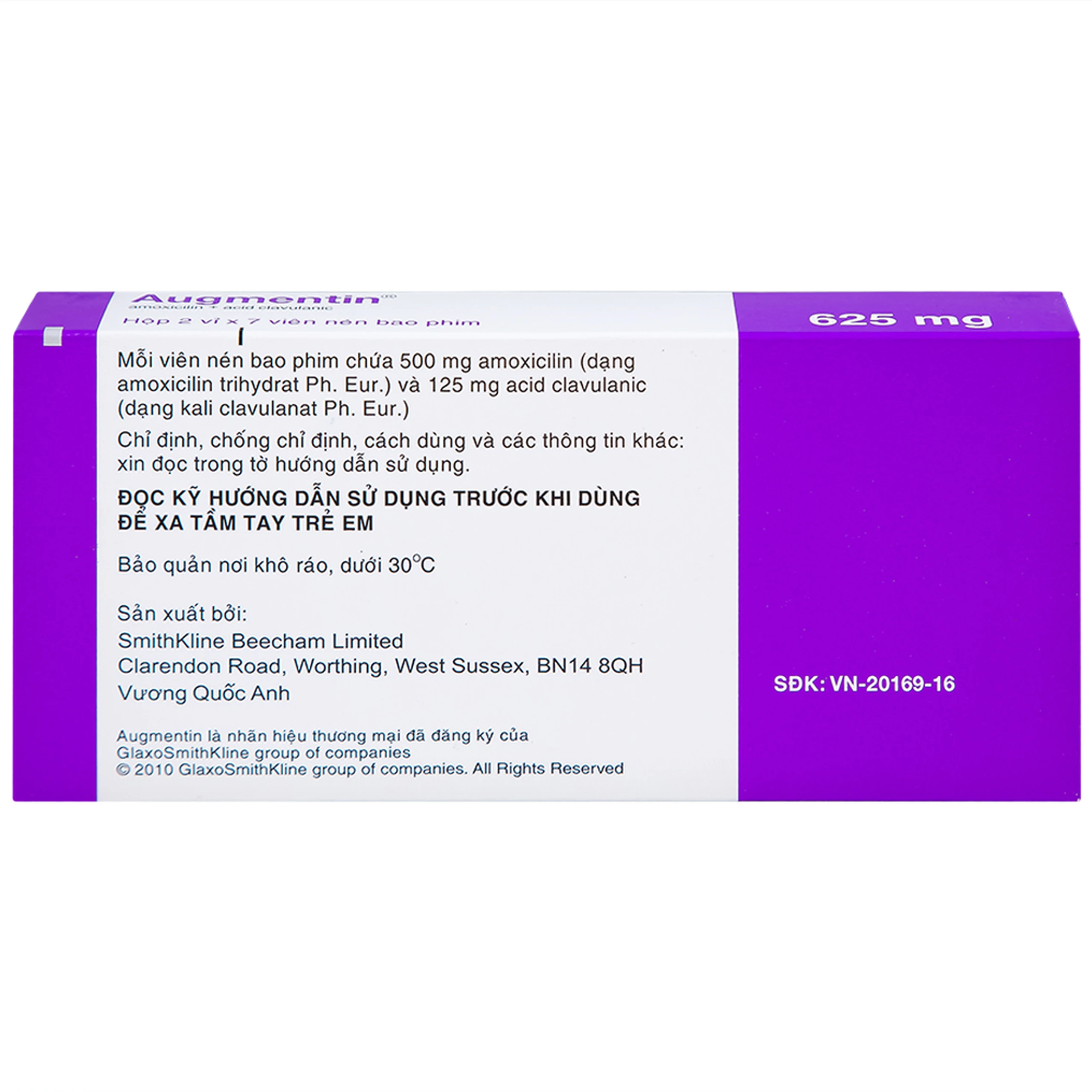 Thuốc Augmentin 625mg GSK điều trị nhiễm khuẩn (2 vỉ x 7 viên)