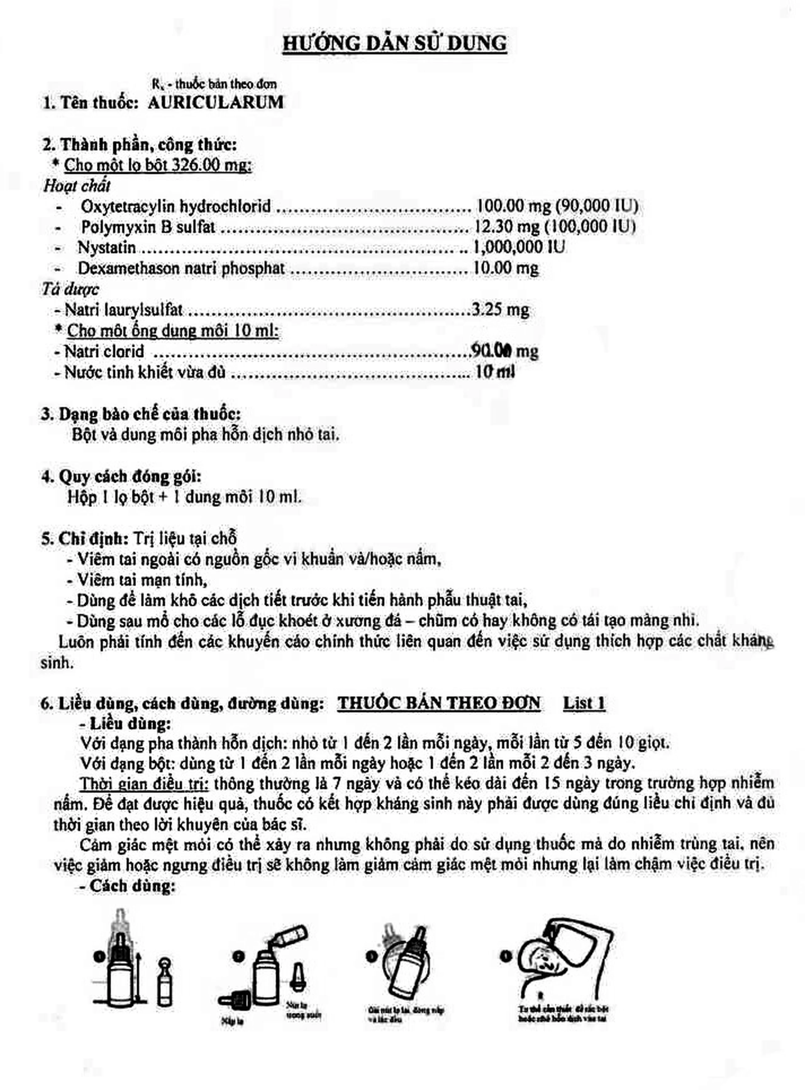 Thuốc nhỏ tai Auricularum điều trị viêm tai (1 lọ bột x 1 ống dung môi 10ml)