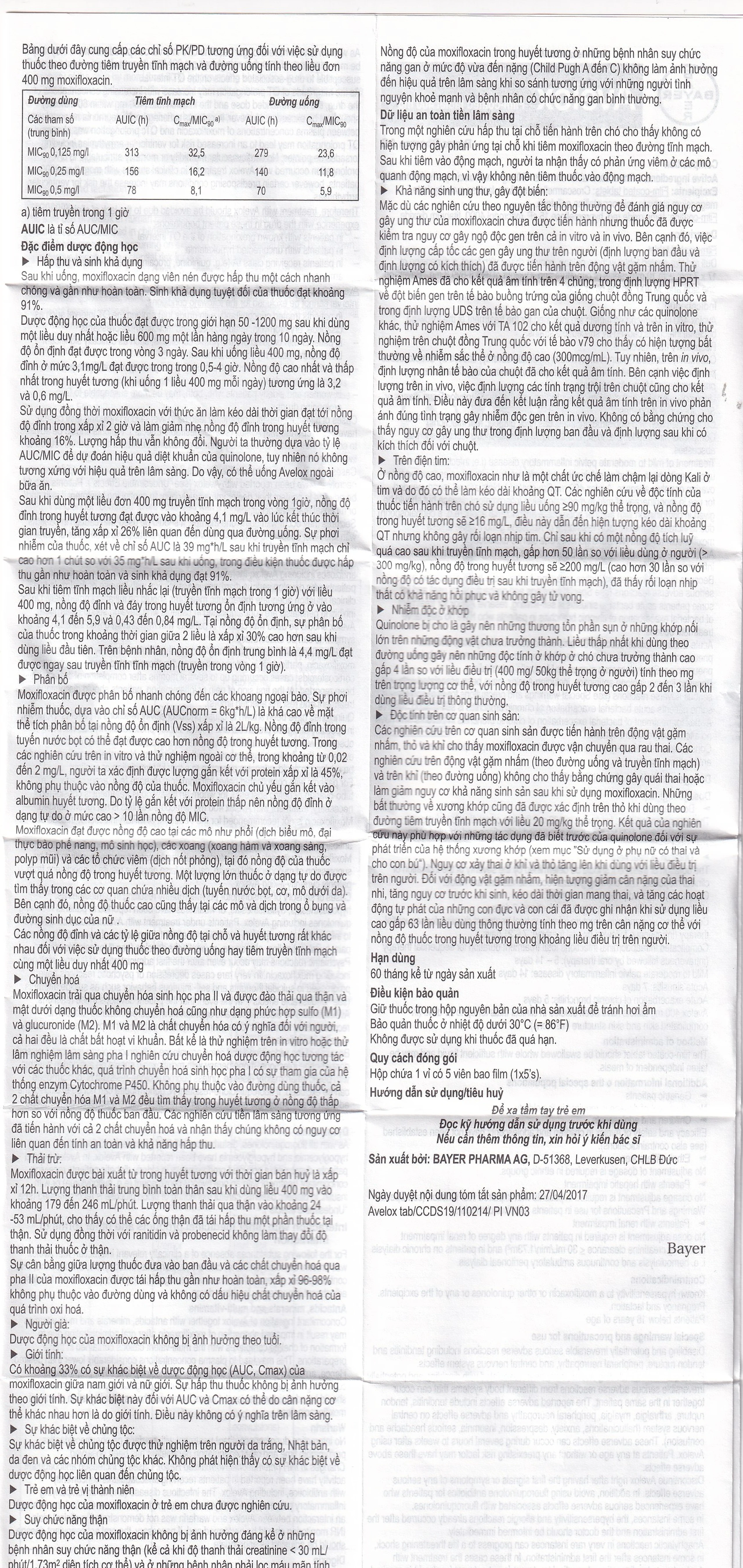 Thuốc Avelox 400mg Bayer điều trị nhiễm khuẩn (1 vỉ x 5 viên)