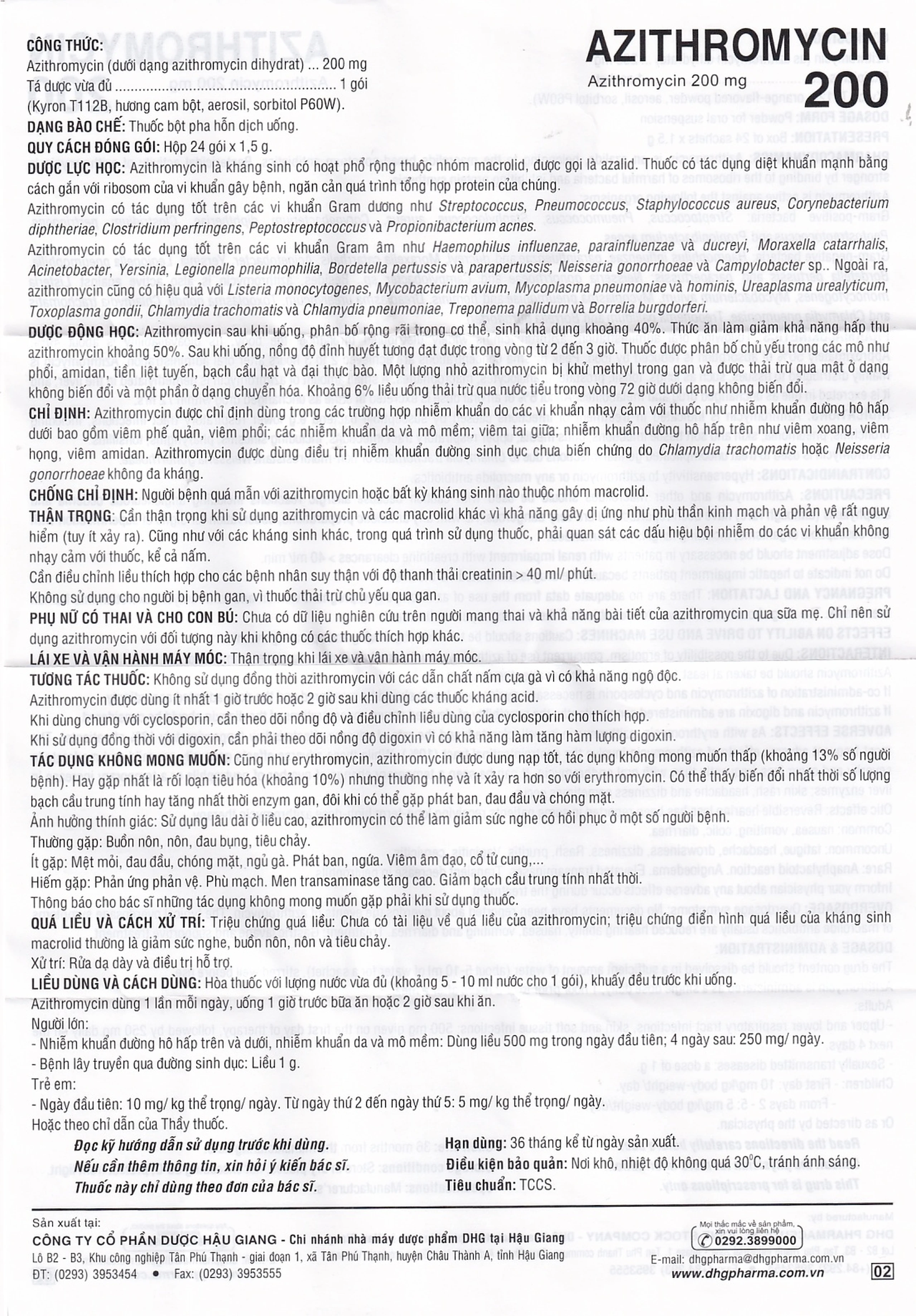 Bột Azithromycin 200 DHG điều trị nhiễm khuẩn (24 gói)