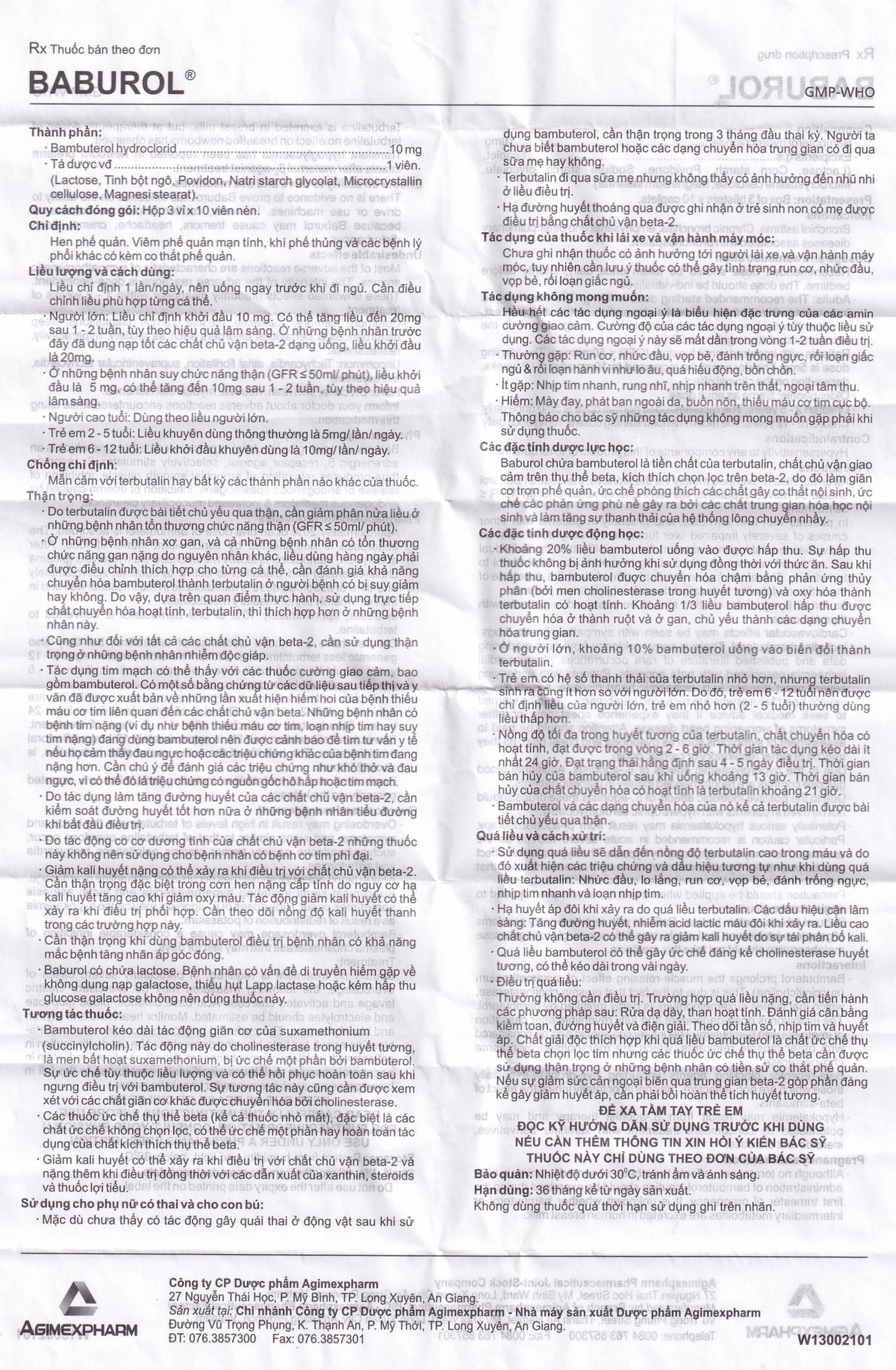 Thuốc Baburol Agimexpharm điều trị hen phế quản, viêm phế quản (3 vỉ x 10 viên)