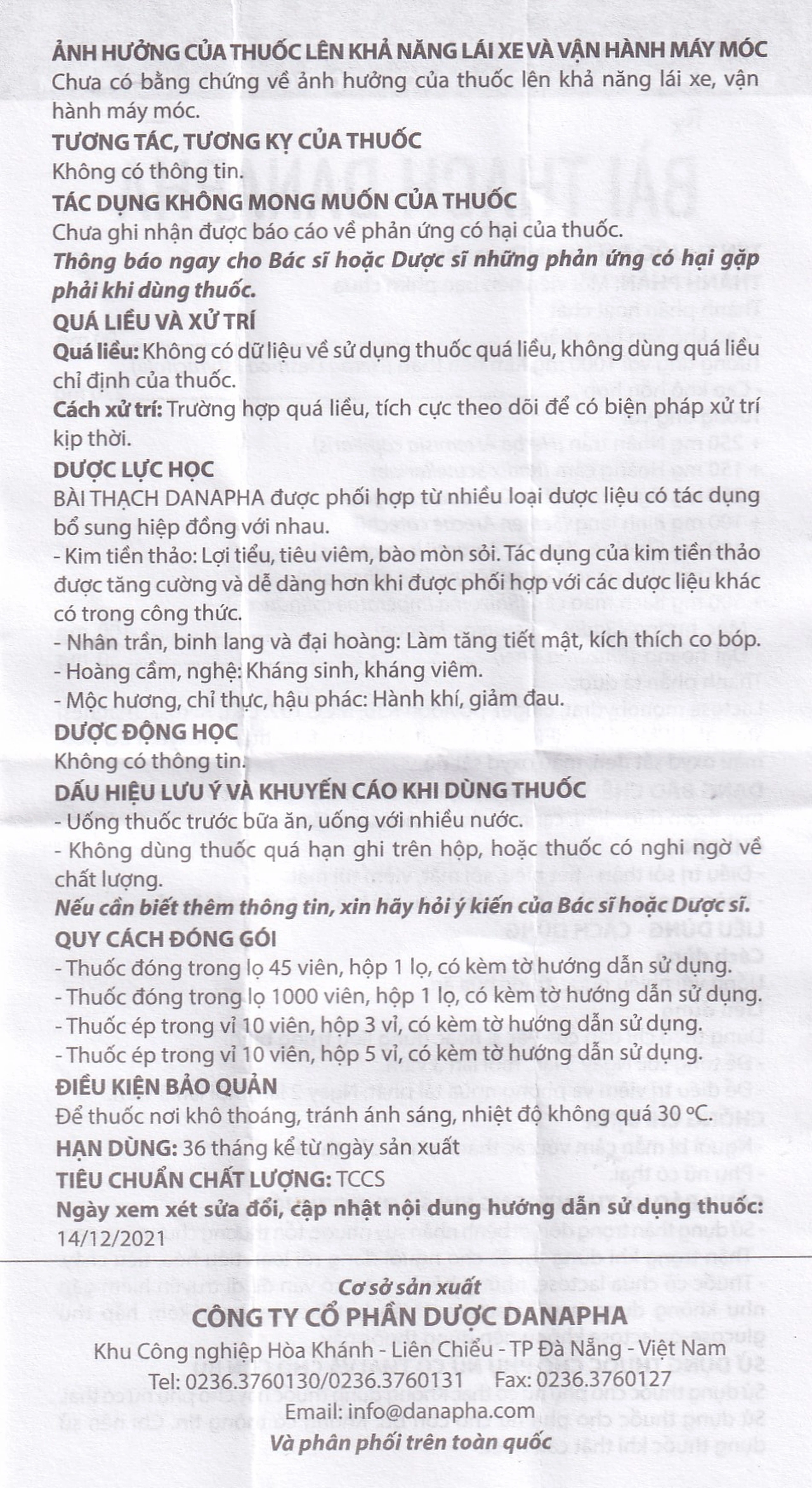 Thuốc Bài Thạch Danapha điều trị sỏi thận - tiết niệu, sỏi mật (45 viên)