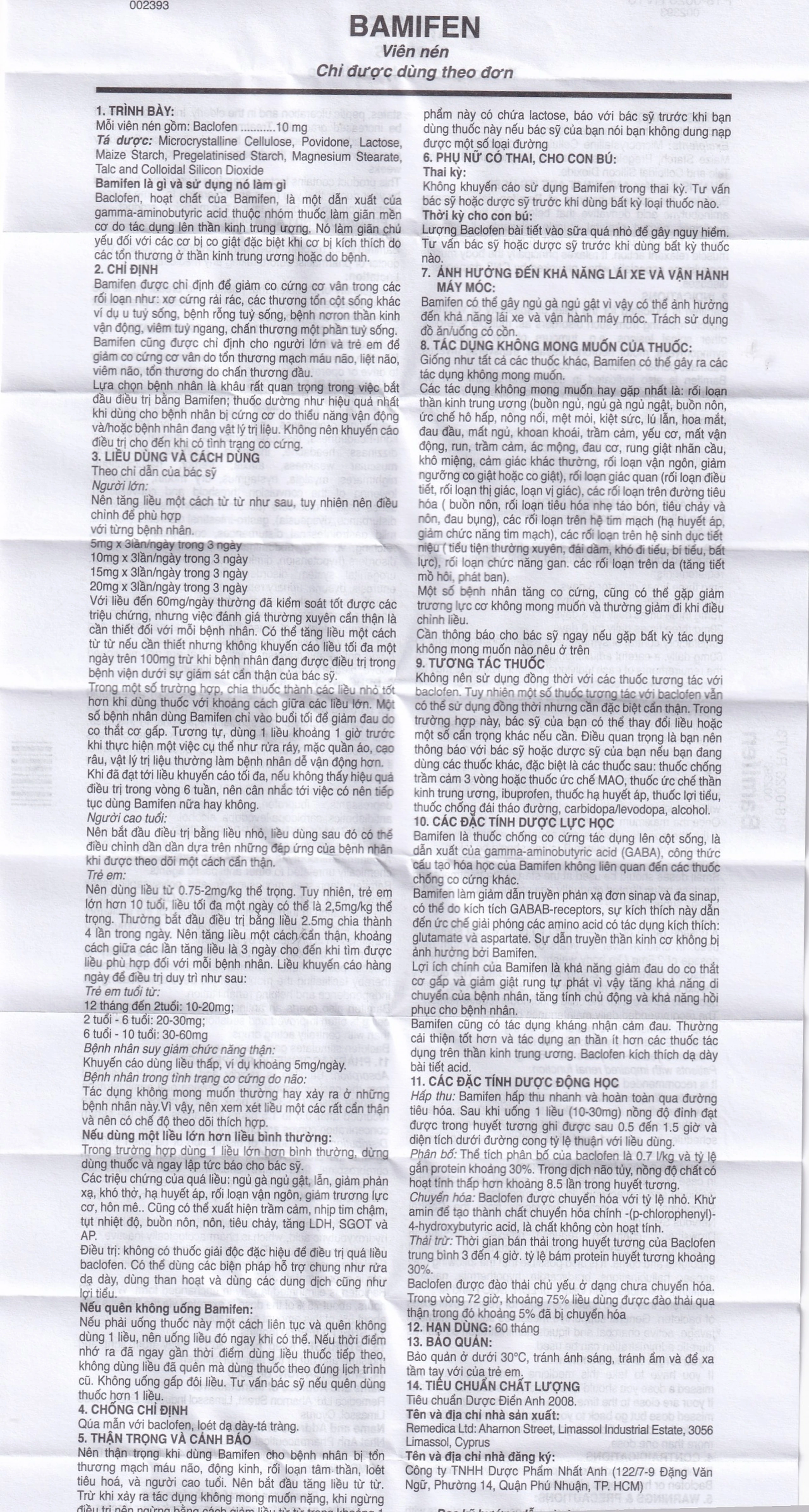 Thuốc Bamifen 10mg Remedica giảm co cứng cơ vân (6 vỉ x 10 viên)