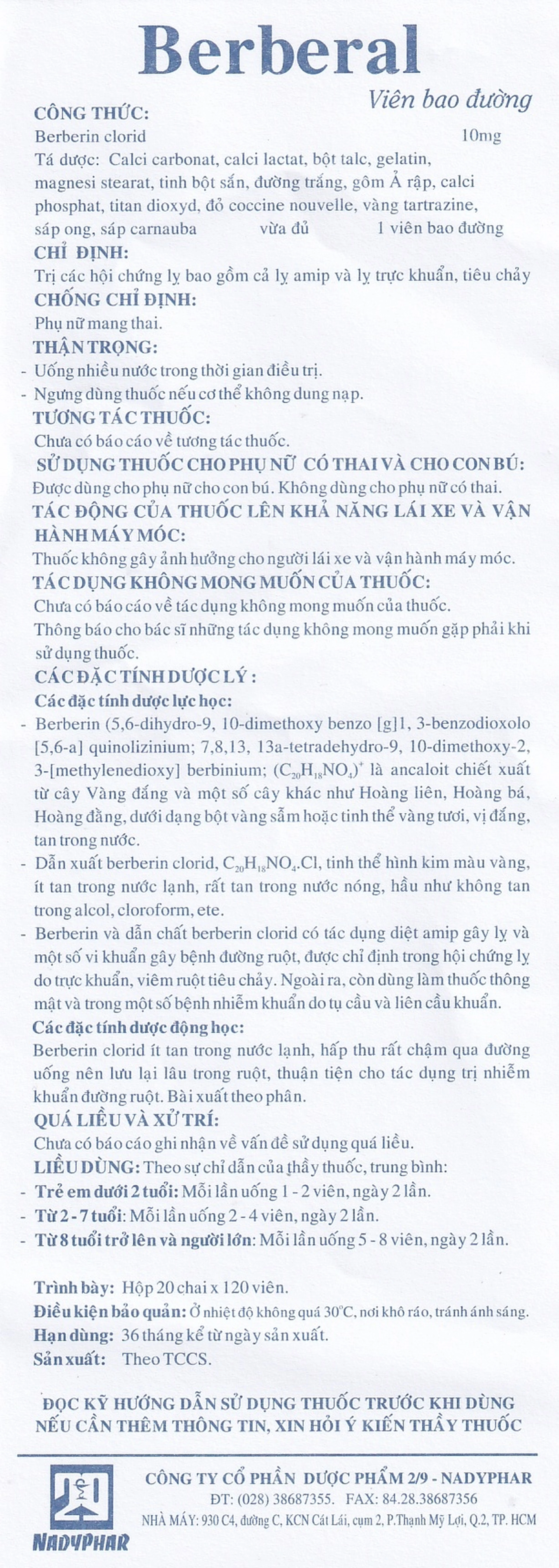 Thuốc Berberal 10mg Nadyphar điều trị các hội chứng lỵ (120 viên)