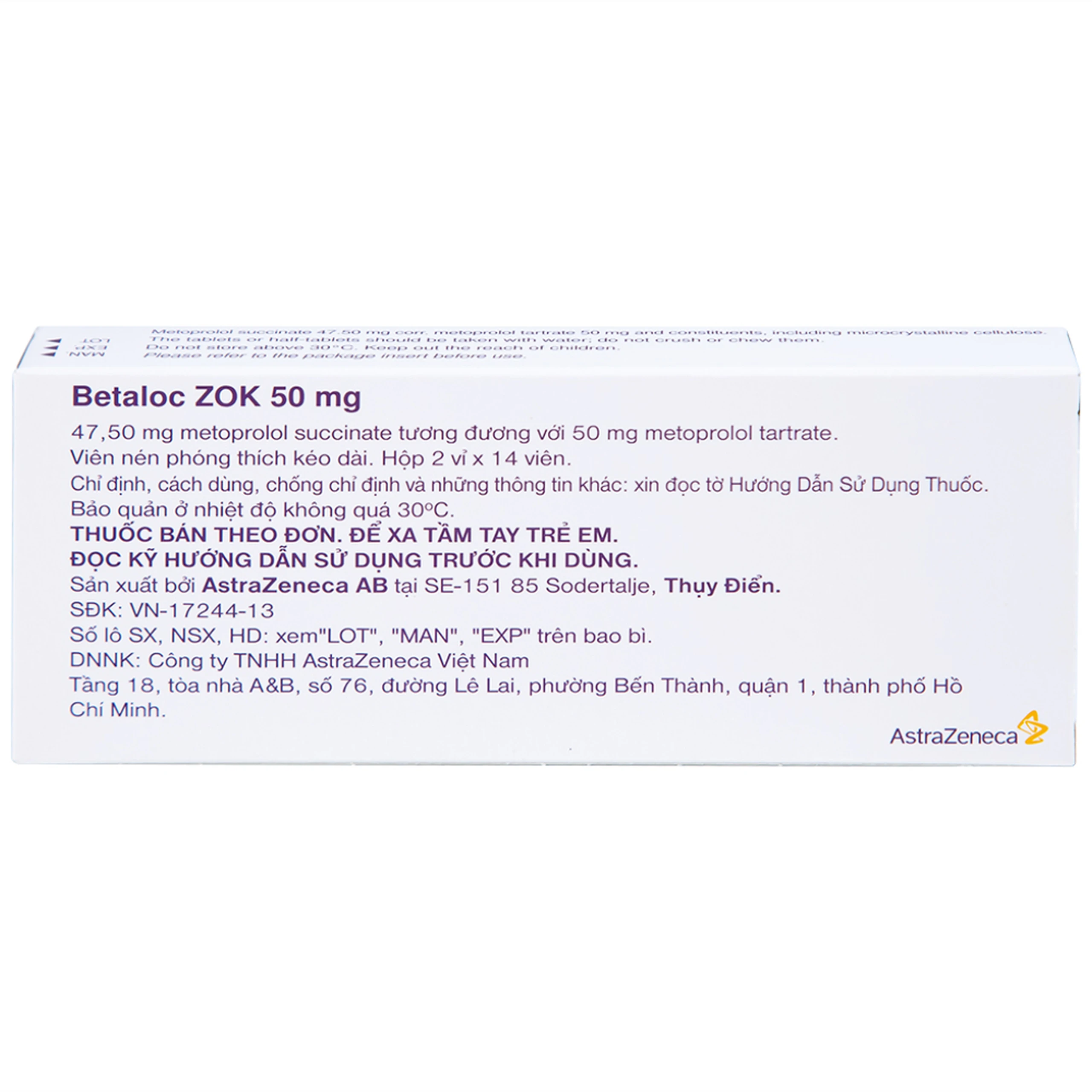 Thuốc Betaloc Zok 50mg AstraZeneca điều trị tăng huyết áp (2 vỉ x 14 viên)