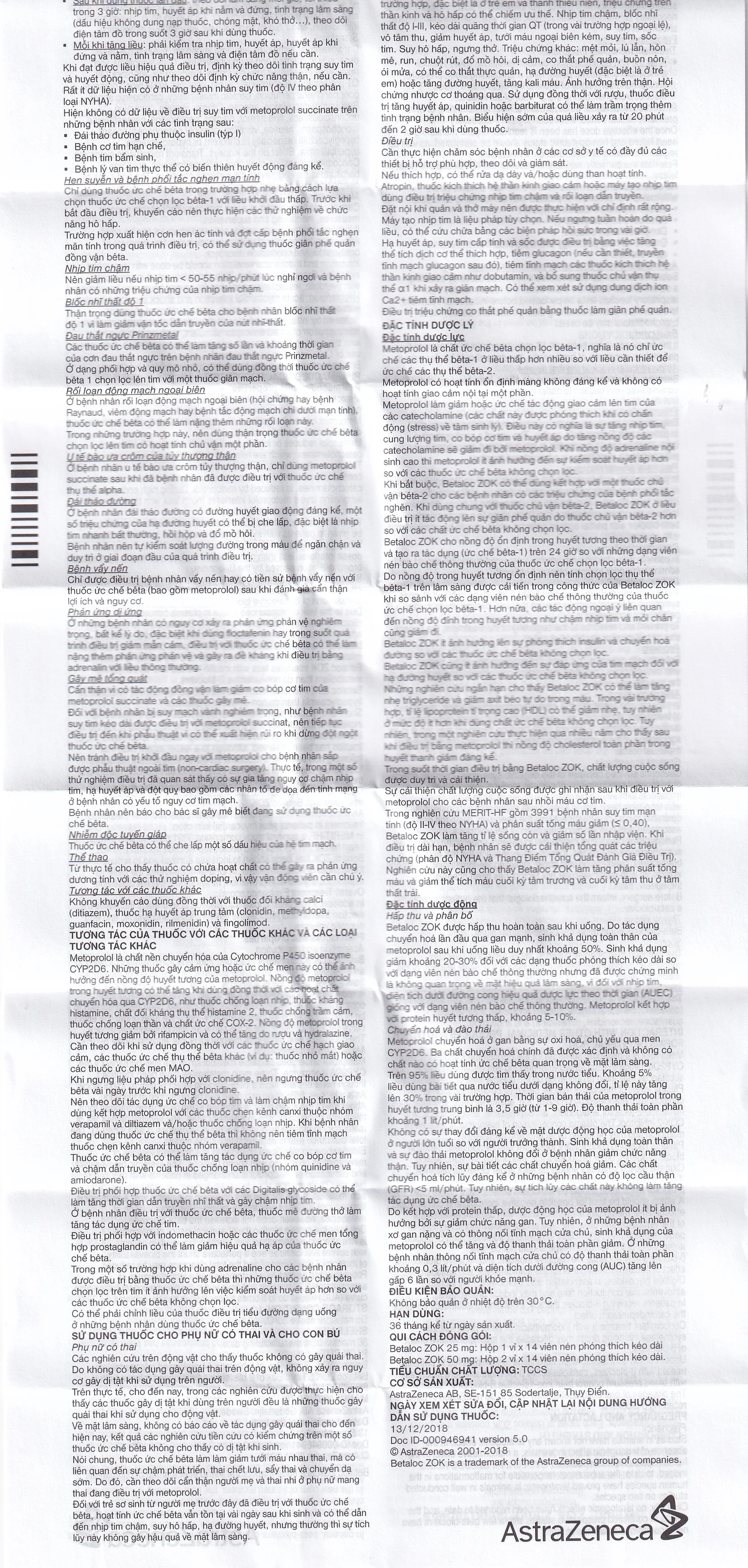 Thuốc Betaloc Zok 50mg AstraZeneca điều trị tăng huyết áp (2 vỉ x 14 viên)