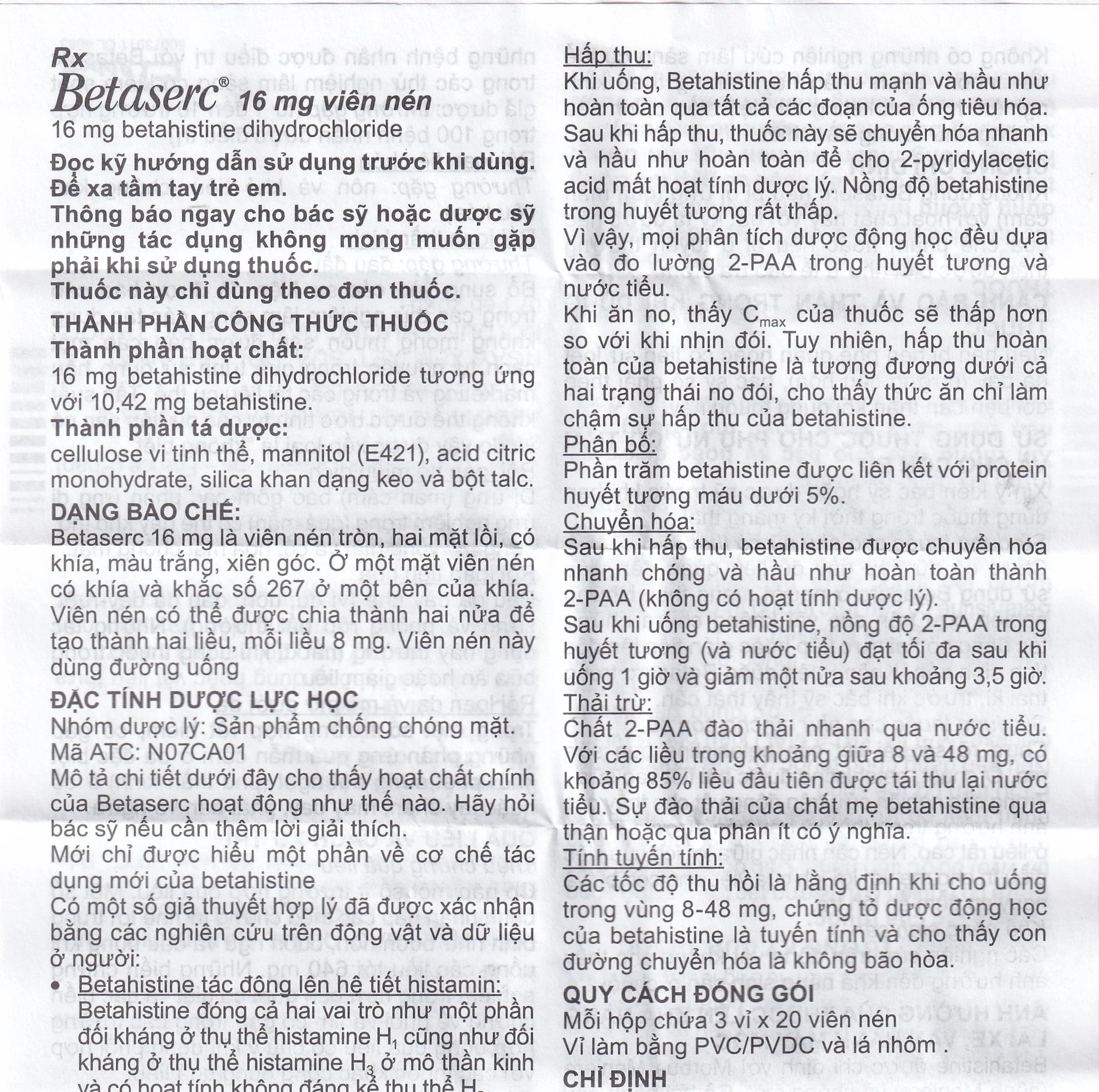 Thuốc Betaserc 16mg Abbott điều trị rối loạn tiền đình (3 vỉ x 20 viên)