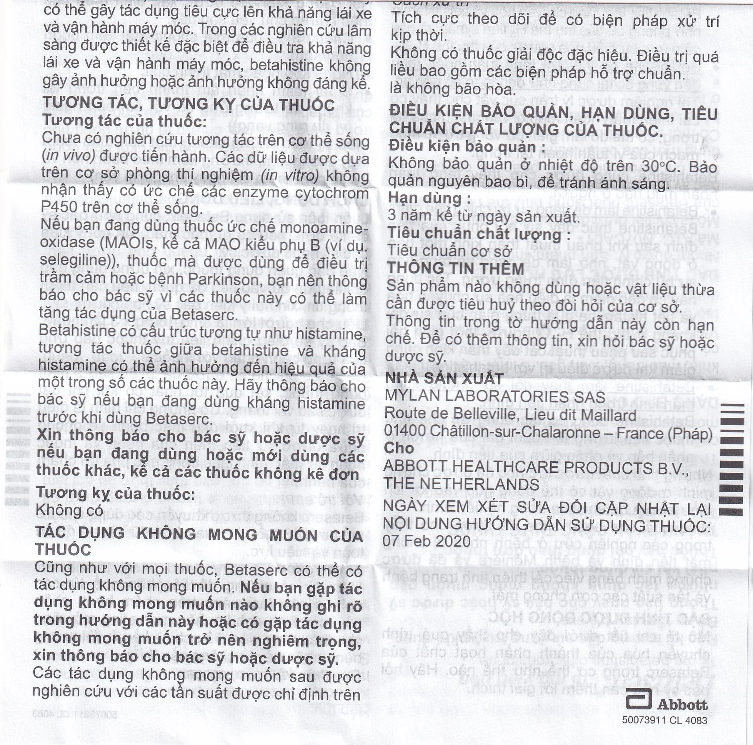 Thuốc Betaserc 16mg Abbott điều trị rối loạn tiền đình (3 vỉ x 20 viên)