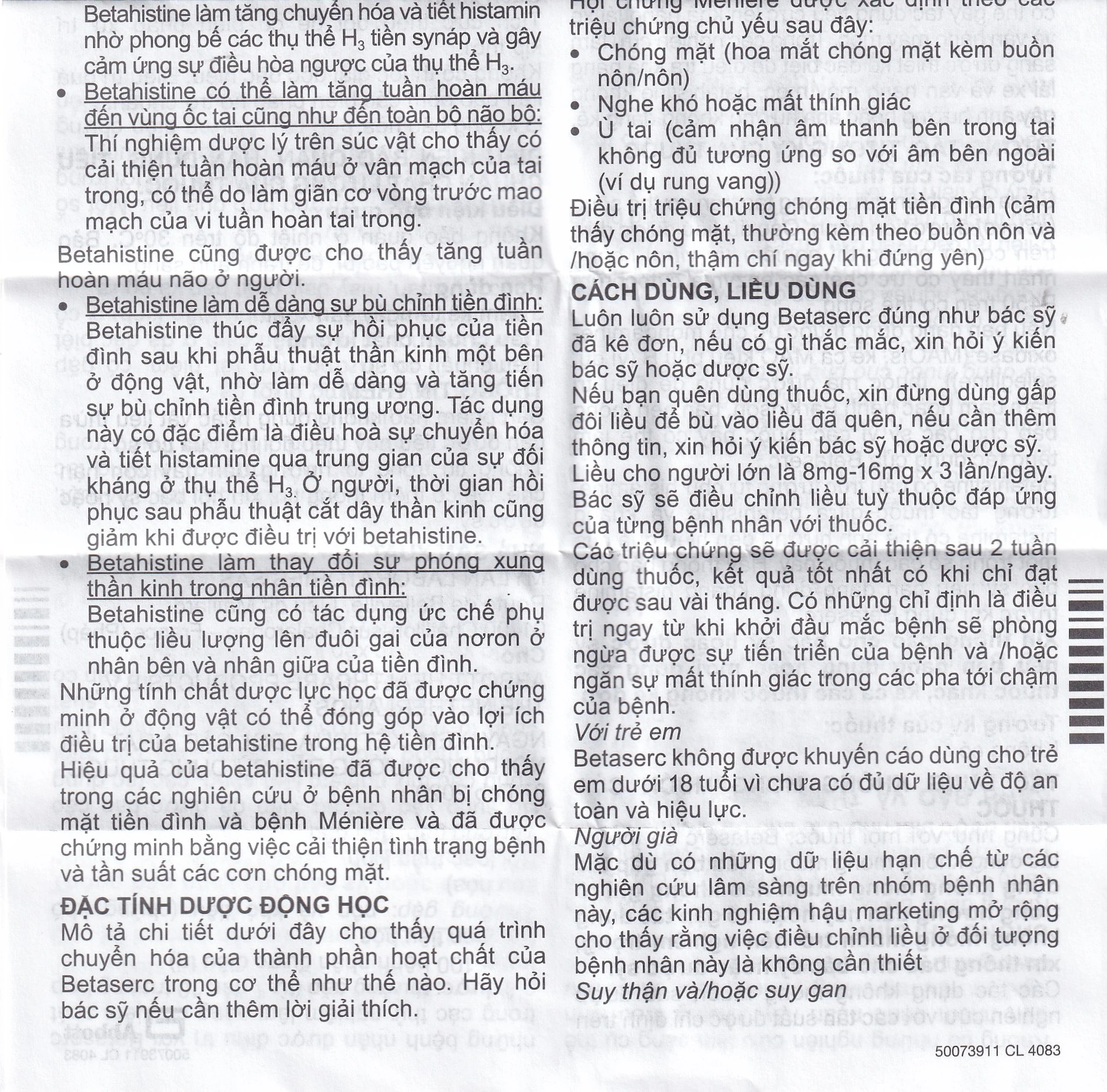 Thuốc Betaserc 16mg Abbott điều trị rối loạn tiền đình (3 vỉ x 20 viên)