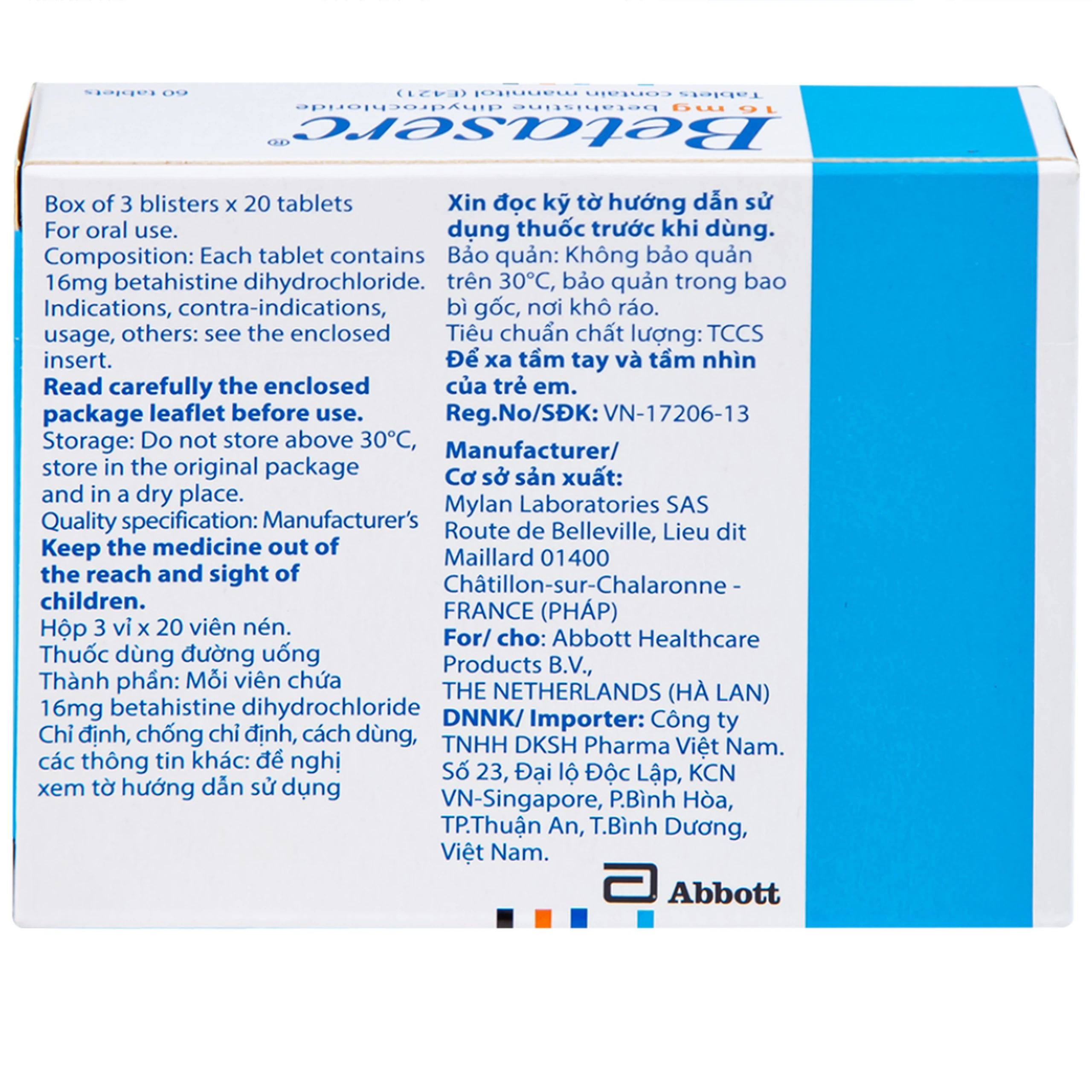 Thuốc Betaserc 16mg Abbott điều trị rối loạn tiền đình (3 vỉ x 20 viên)