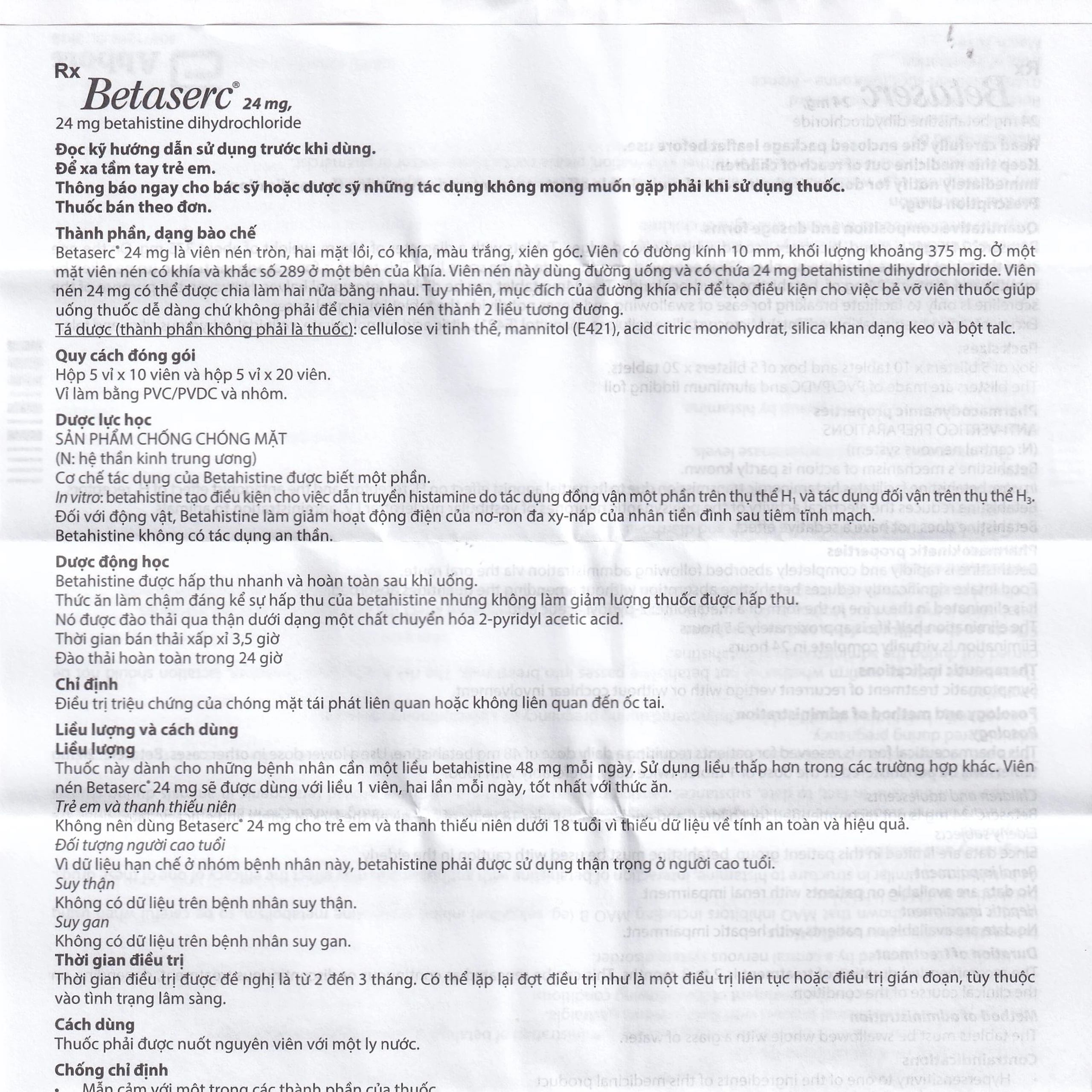 Thuốc Betaserc 24mg Abbott điều trị hội chứng Meniere (5 vỉ x 10 viên)
