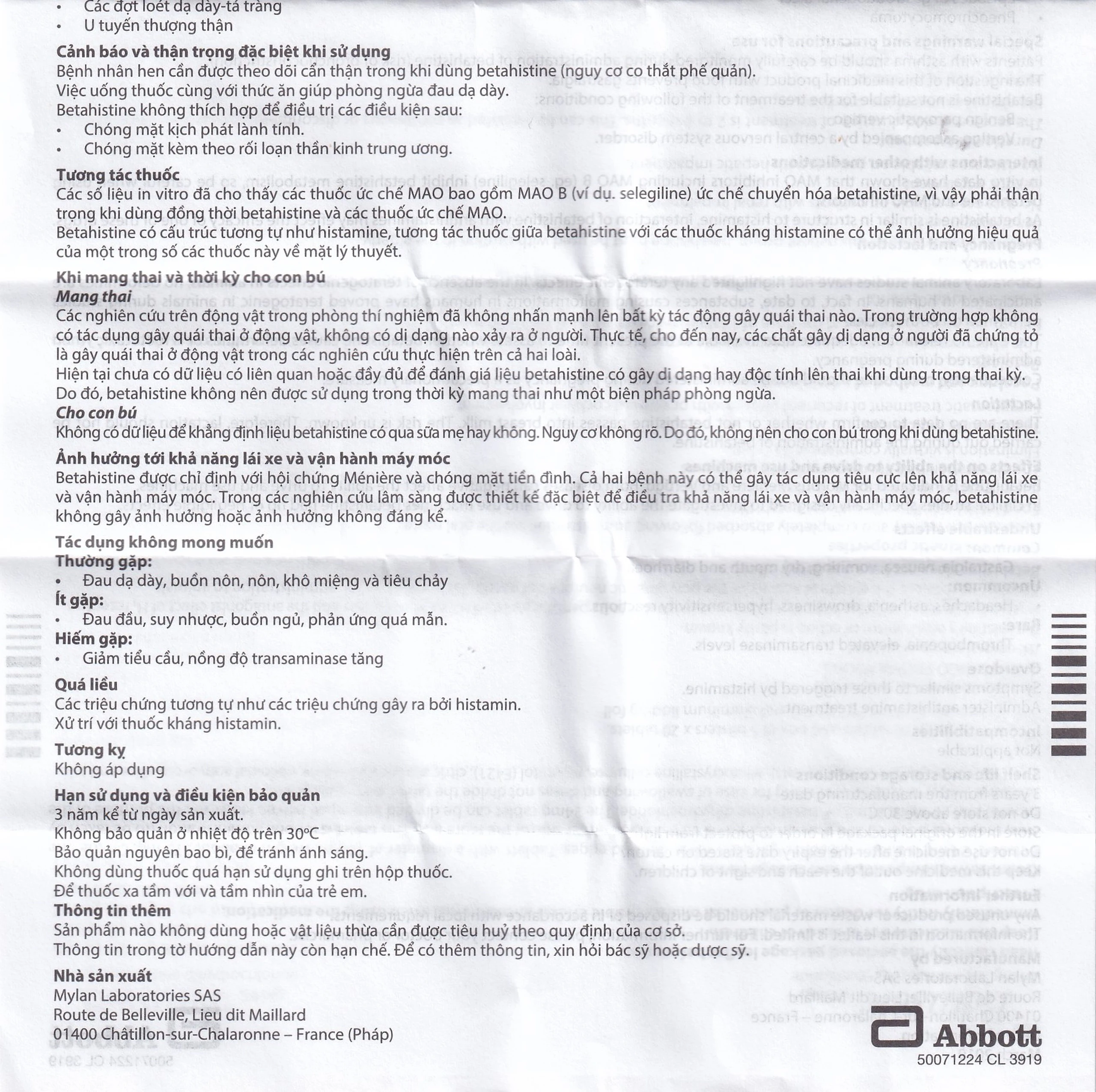 Thuốc Betaserc 24mg Abbott điều trị hội chứng Meniere (5 vỉ x 10 viên)