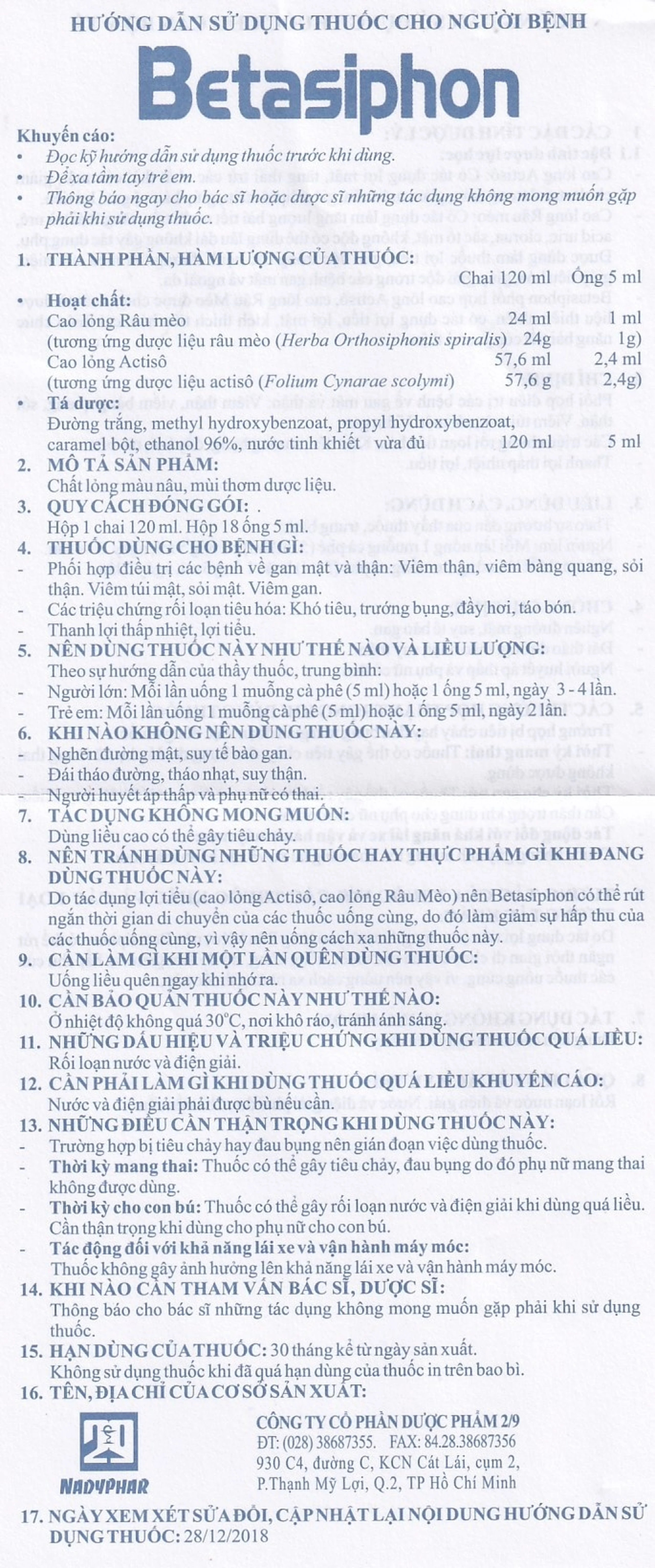 Dung dịch Betasiphon Nadyphar lợi tiểu, giải độc (18 ống x 5ml)