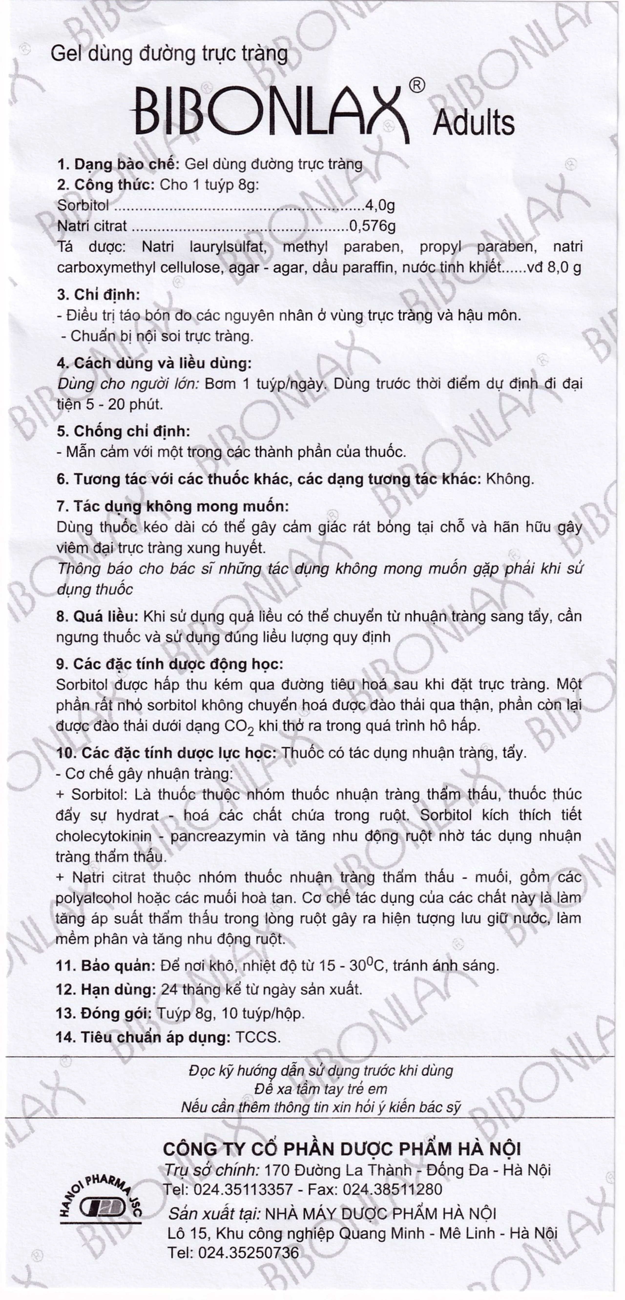 Gel dùng đường trực tràng Bibonlax Adults Hanoi Pharma điều trị táo bón (10 ống x 8g)